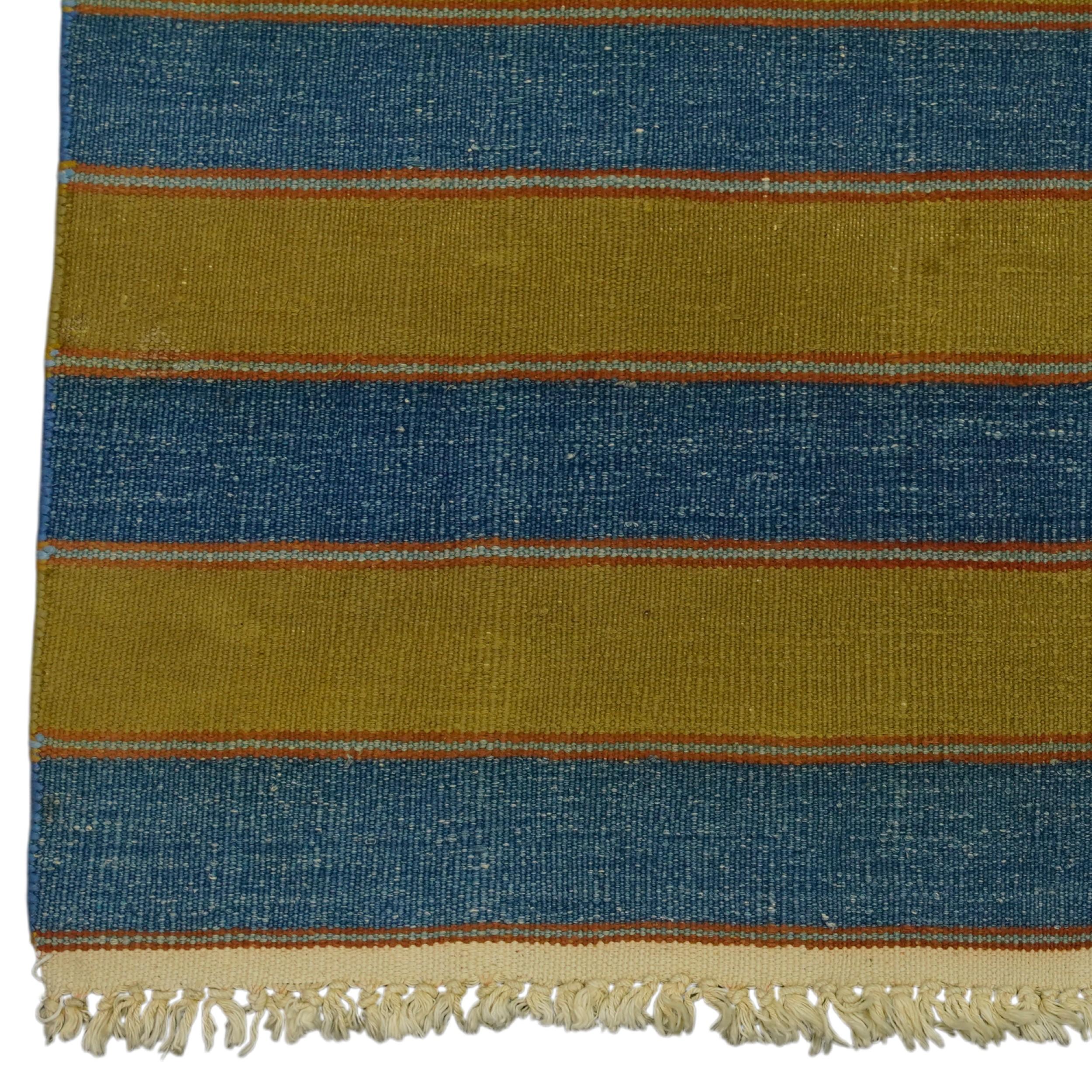 Hand-Woven Vintage Dhurrie Rug with Blue and Green Stripes  Rug & Kilim For Sale