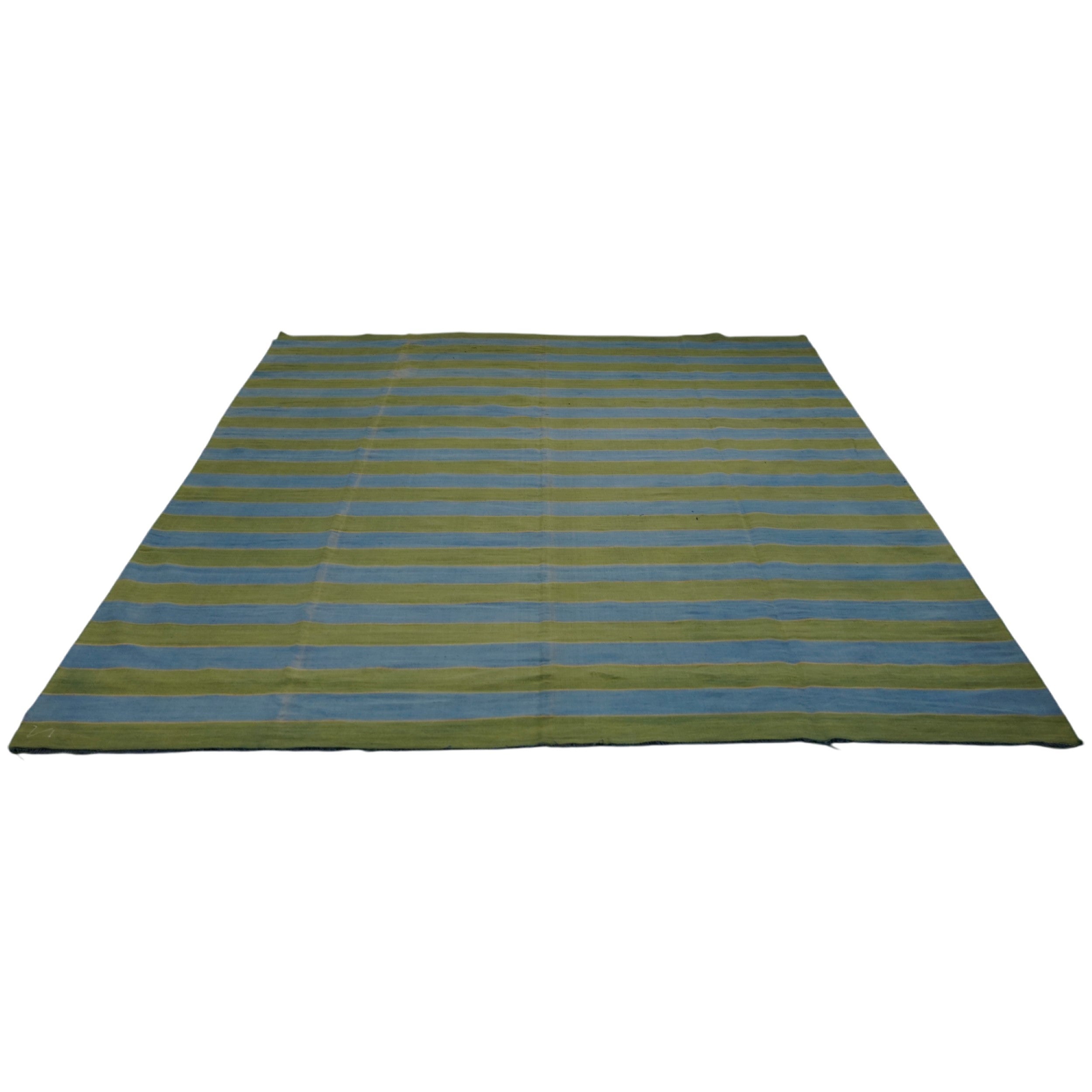 Alfombra vintage Dhurrie con rayas azules y verdes  Rug & Kilim