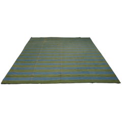 Vintage Dhurrie Rug with Blue and Green Stripes  Rug & Kilim
