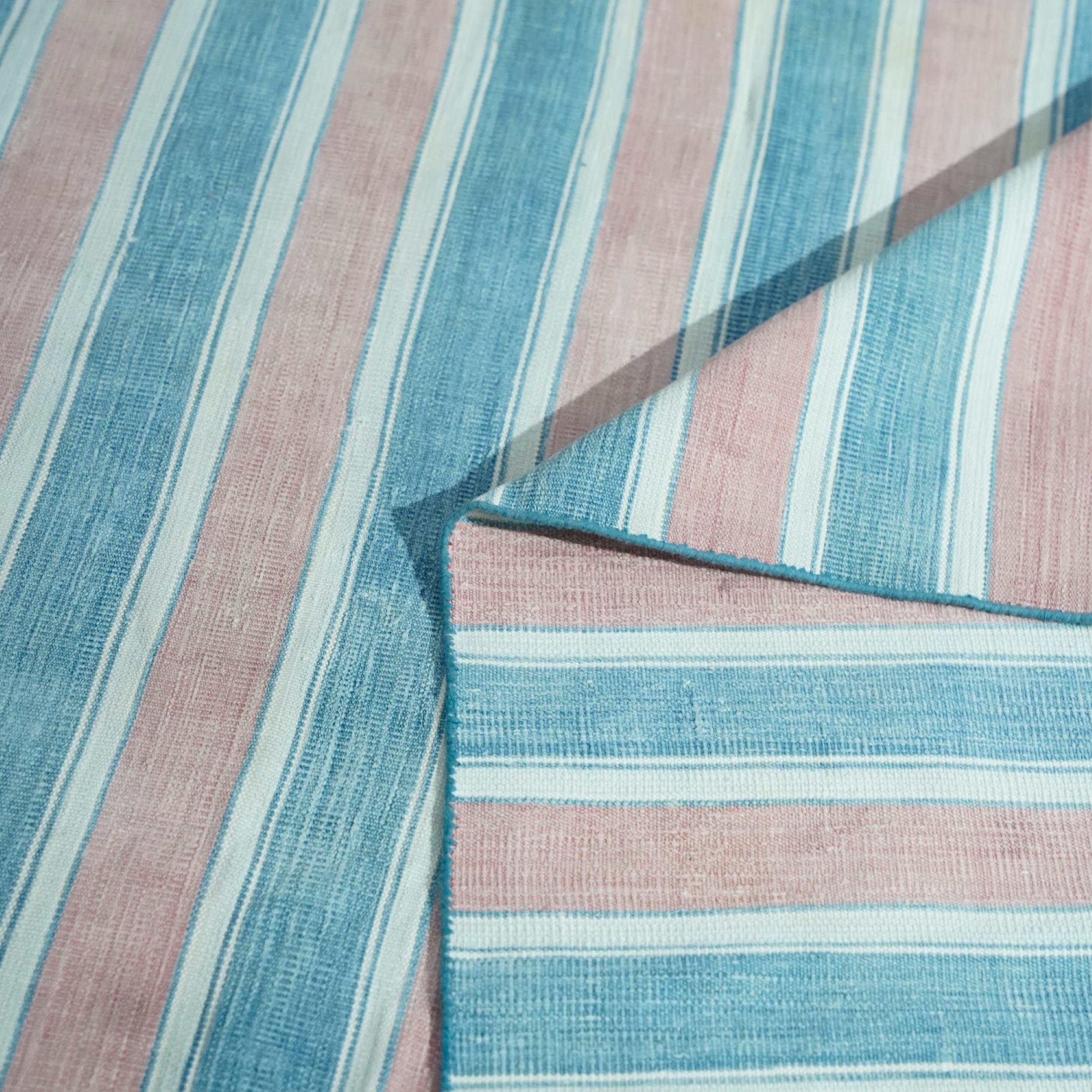 Indian Vintage Dhurrie Rug with Blue and Pink Stripes  Rug & Kilim For Sale