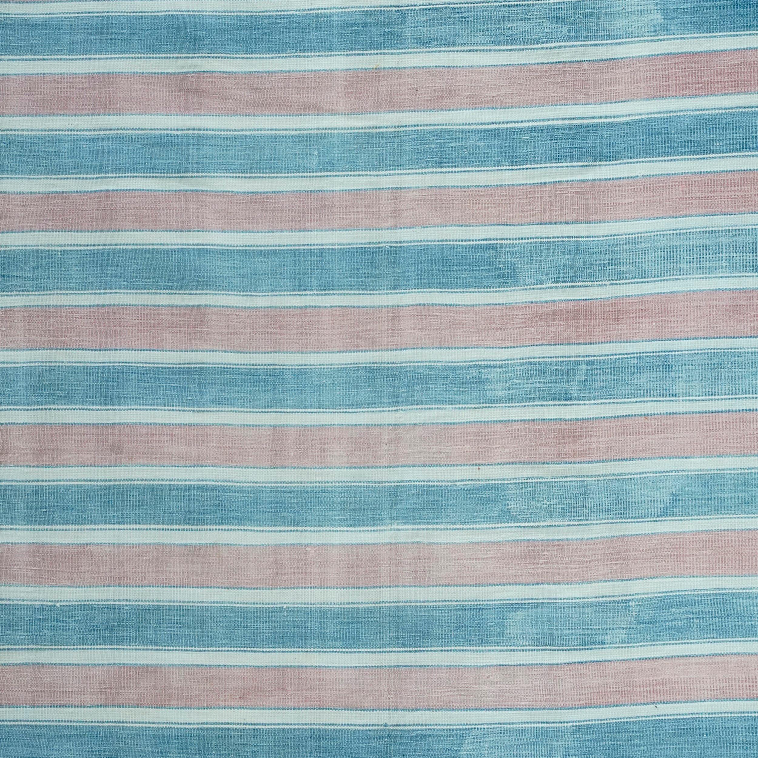 Hand-Woven Vintage Dhurrie Rug with Blue and Pink Stripes  Rug & Kilim For Sale