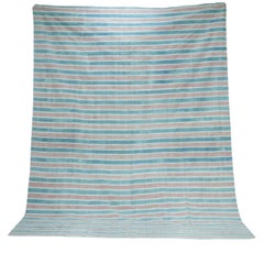 Tapis Dhurrie vintage à rayures bleues et roses  Rug & Kilim