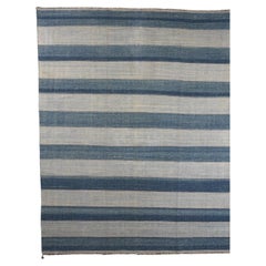 Vintage Dhurrie Rug, with Blue and Silver Stripes, from Rug & Kilim