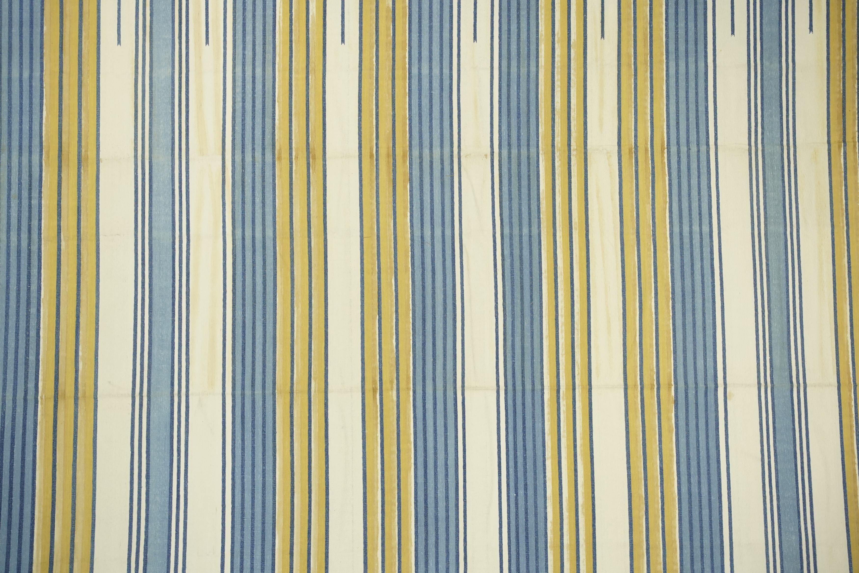 Hand-Woven Vintage Dhurrie Rug with Blue, Cream and Gold Geometric Stripes from Rug & Kilim For Sale
