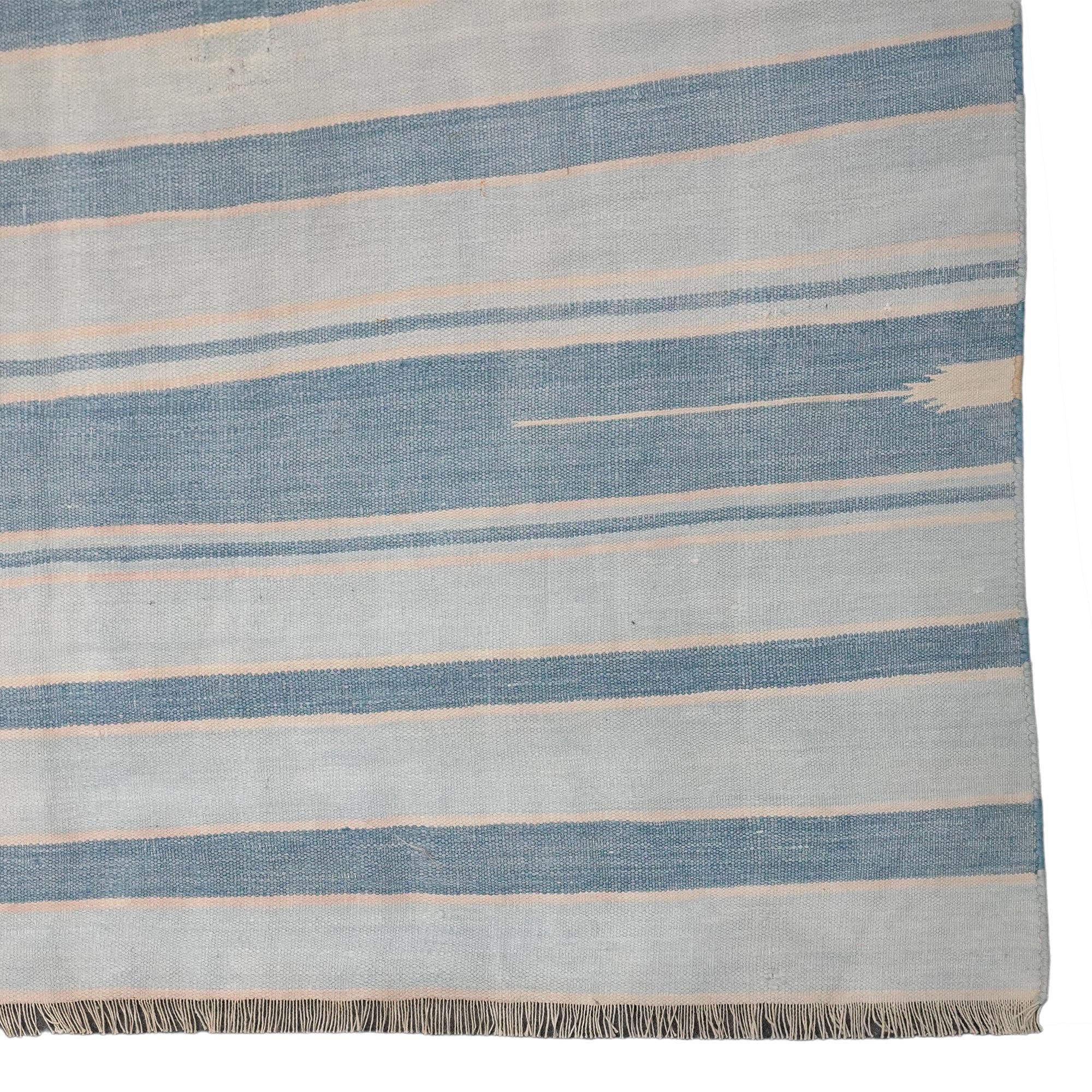 Mid-20th Century Vintage Dhurrie Rug, with Blue Geometric Stripes, from Rug & Kilim For Sale