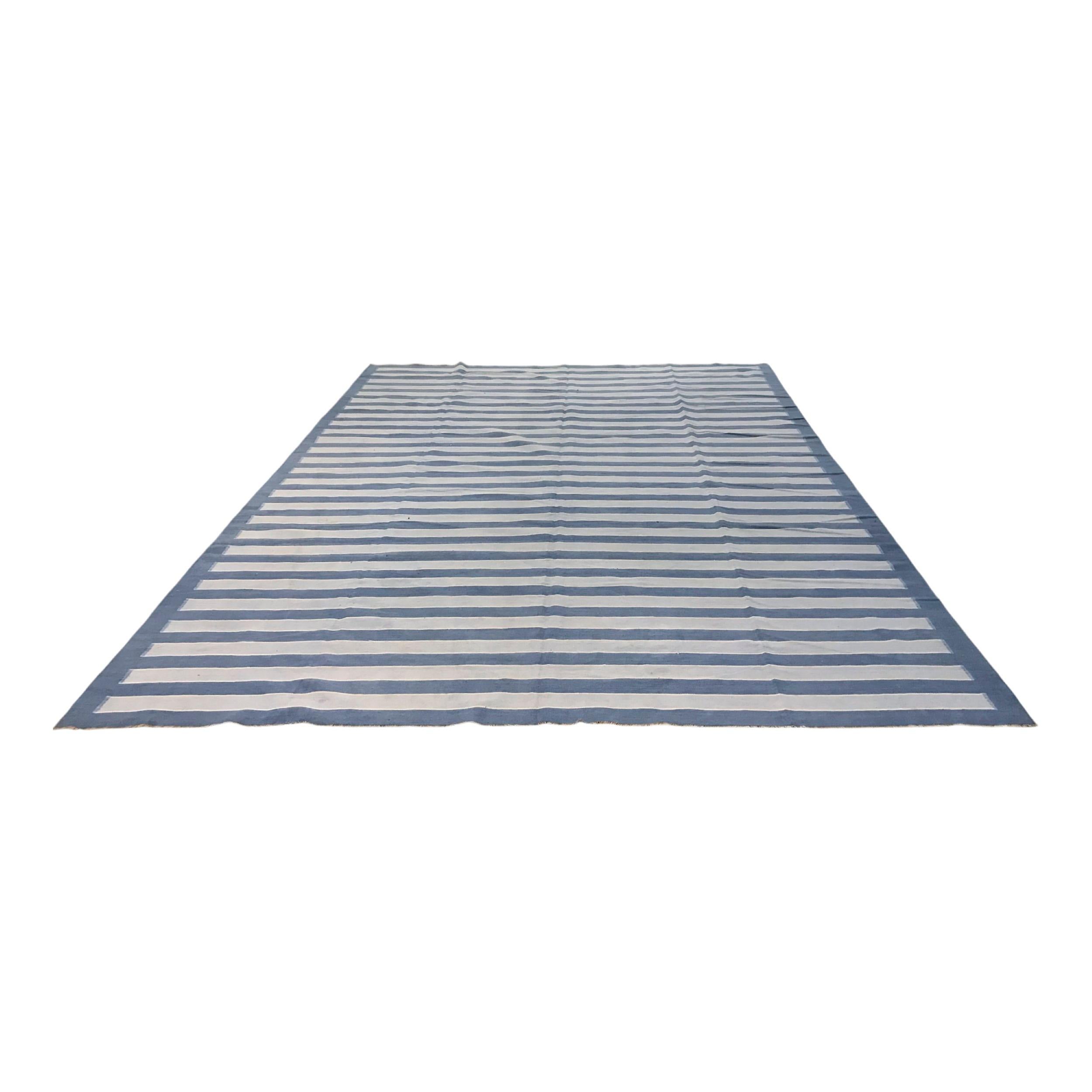 Indian Vintage Dhurrie Rug with Blue Stripes and Cream Accents  Rug & Kilim For Sale