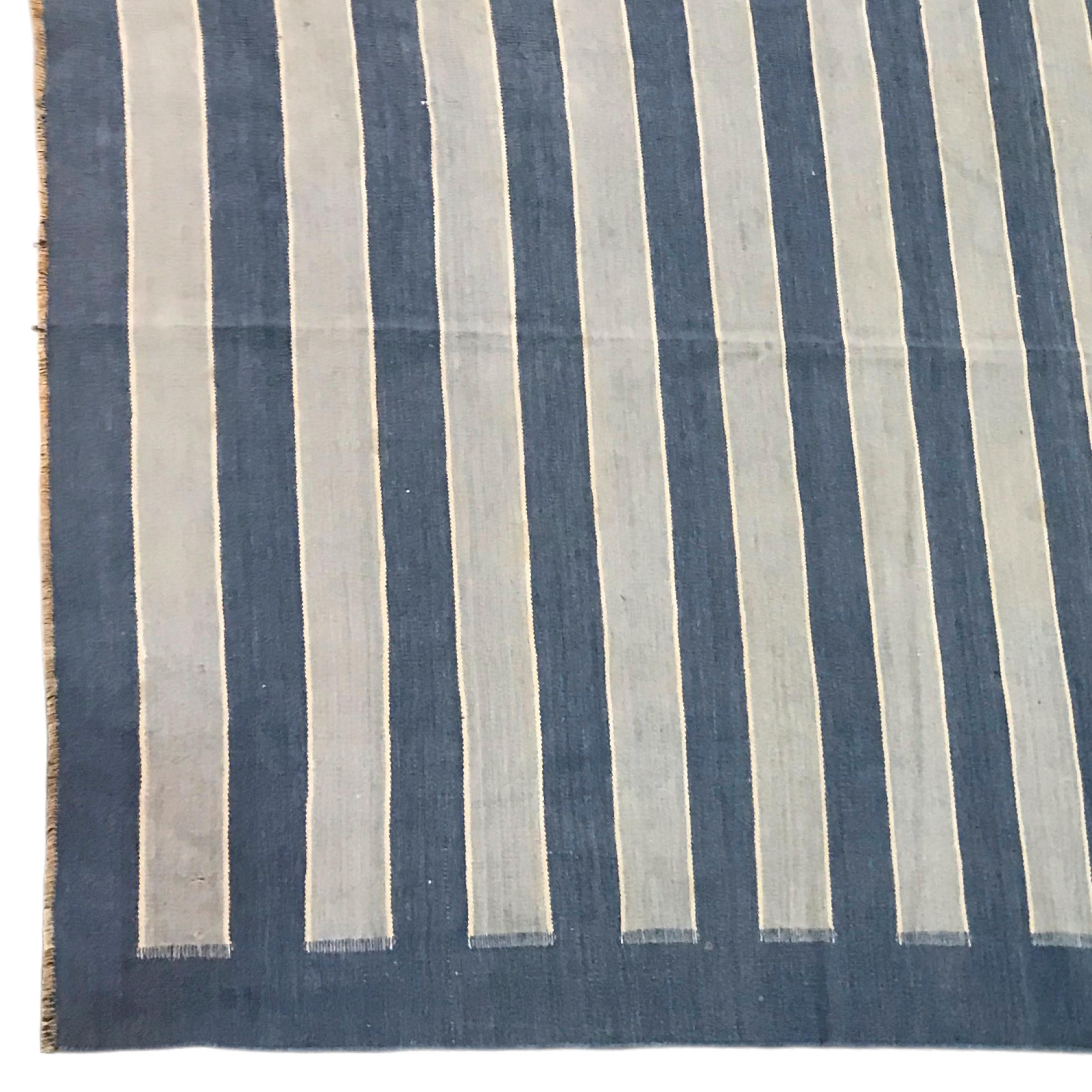 Hand-Woven Vintage Dhurrie Rug with Blue Stripes and Cream Accents  Rug & Kilim For Sale