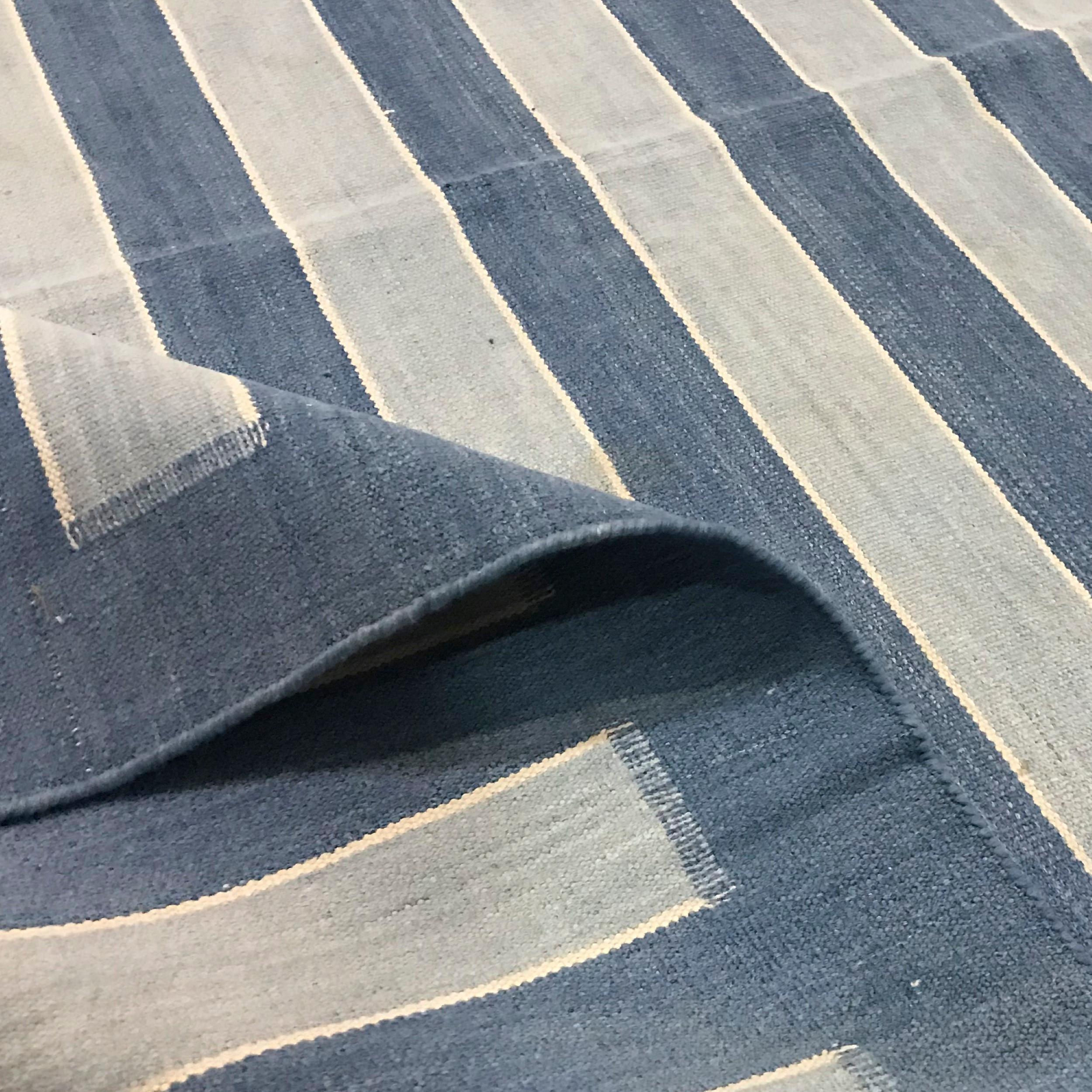 Vintage Dhurrie Rug with Blue Stripes and Cream Accents  Rug & Kilim In Good Condition For Sale In Long Island City, NY