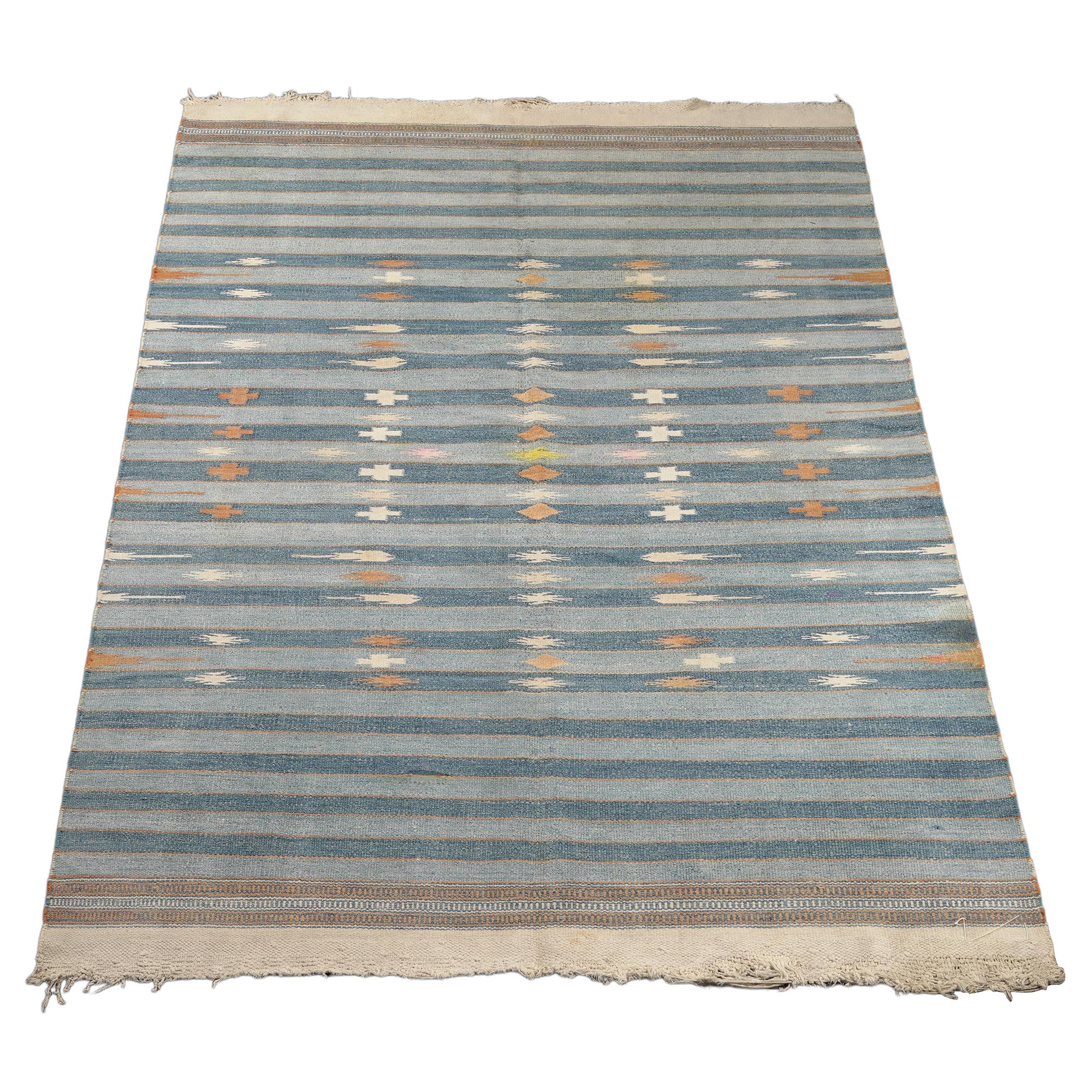 Vintage Dhurrie Vintage-Teppich mit blauen Streifen und geometrischen Mustern, von Rug & Kilim (Kelim) im Angebot