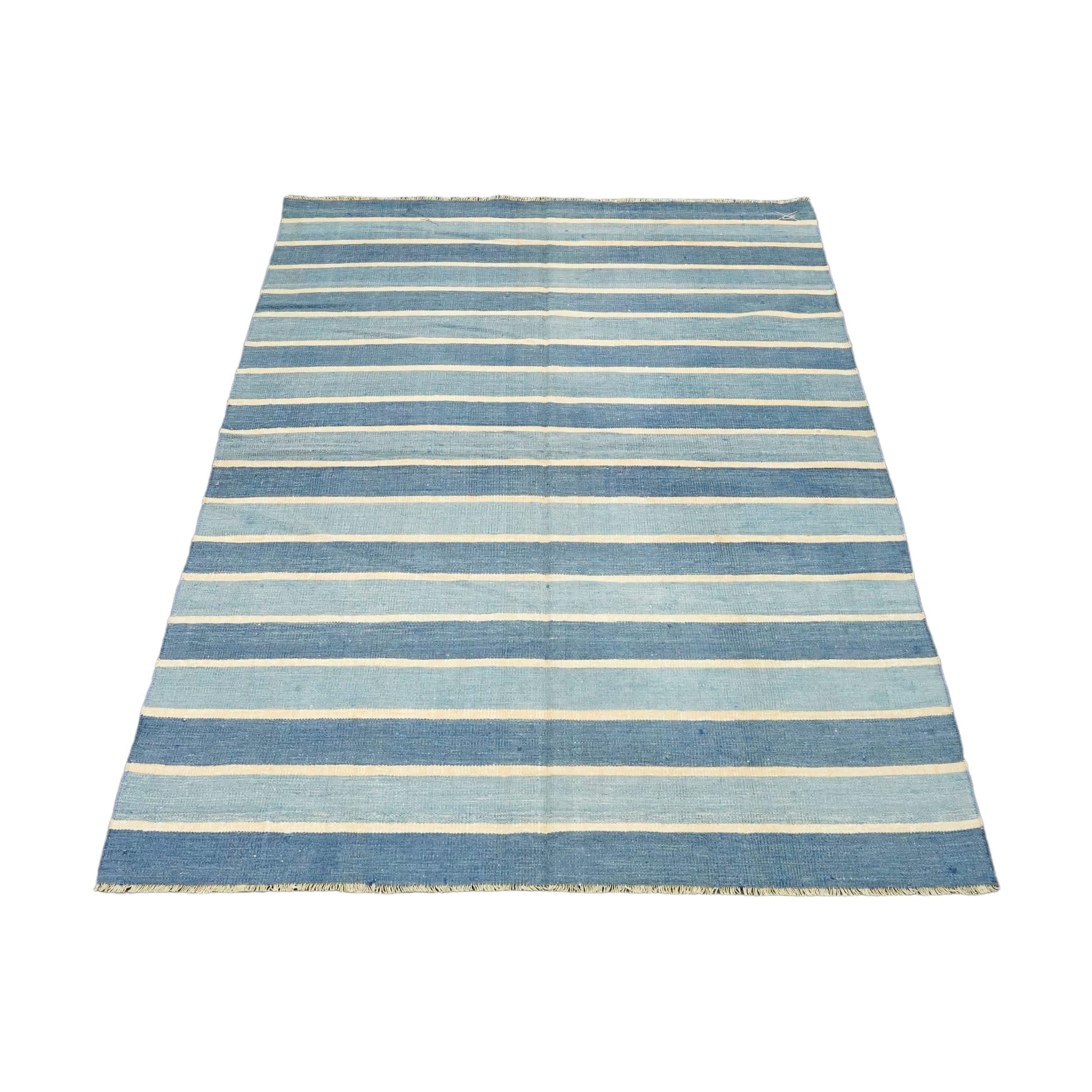 Indian Vintage Dhurrie Rug with Blue Stripes and Yellow Accents  Rug & Kilim For Sale