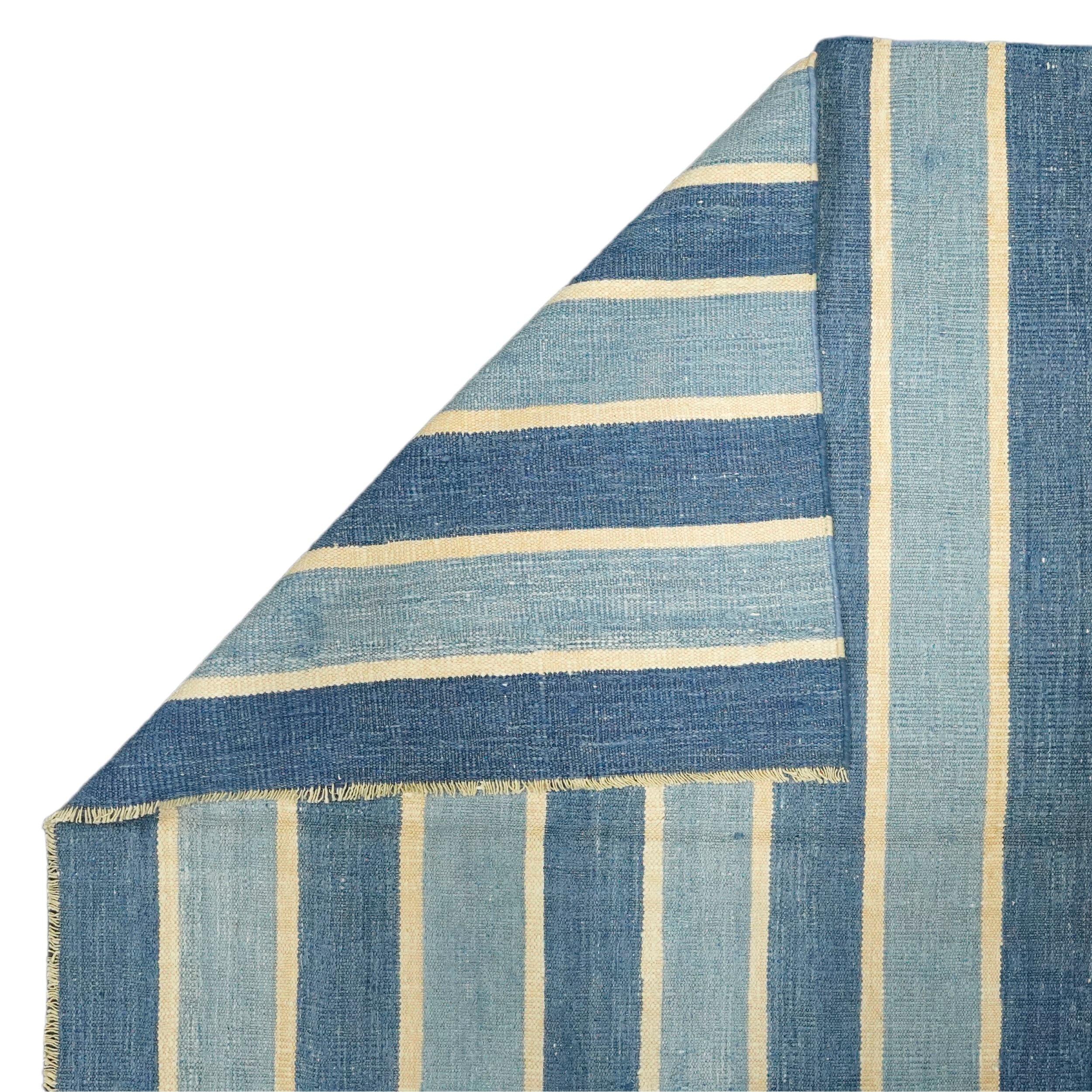Vintage Dhurrie Rug with Blue Stripes and Yellow Accents  Rug & Kilim In Good Condition For Sale In Long Island City, NY