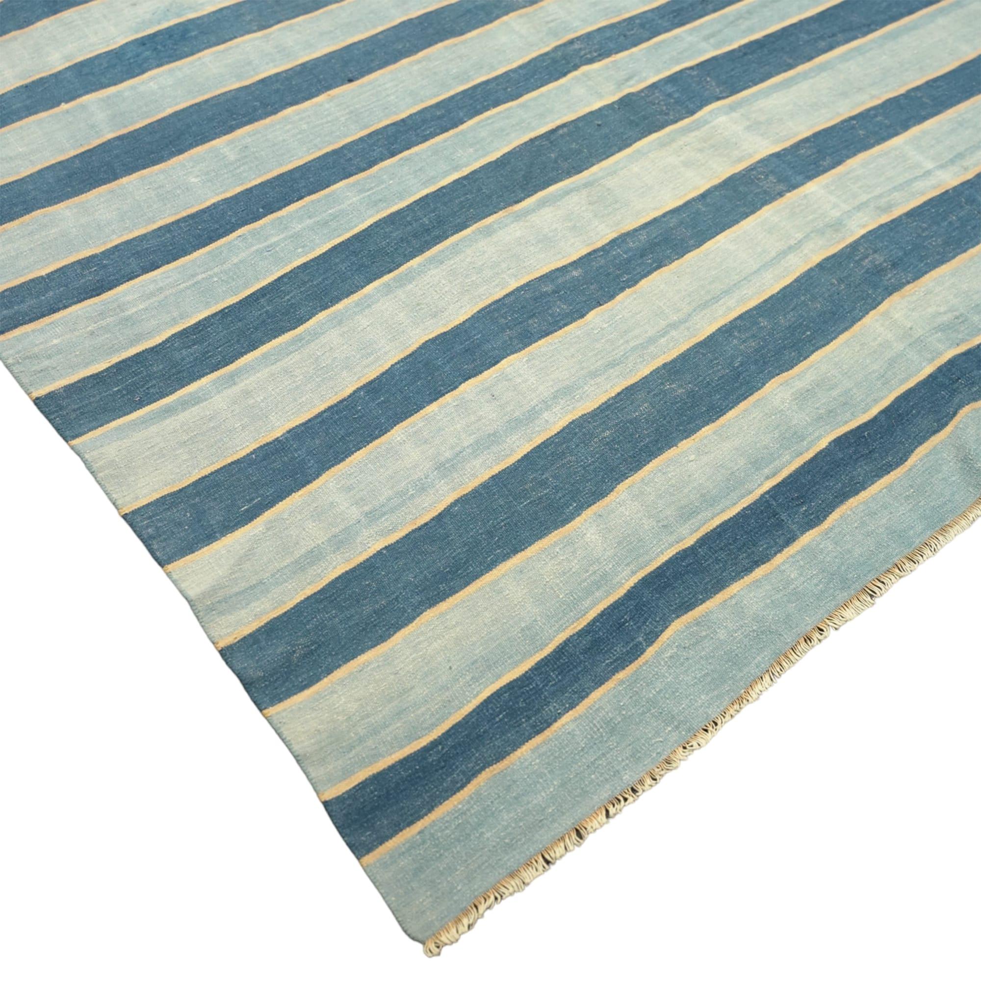 Indian Vintage Dhurrie Rug, with Blue Stripes, from Rug & Kilim For Sale