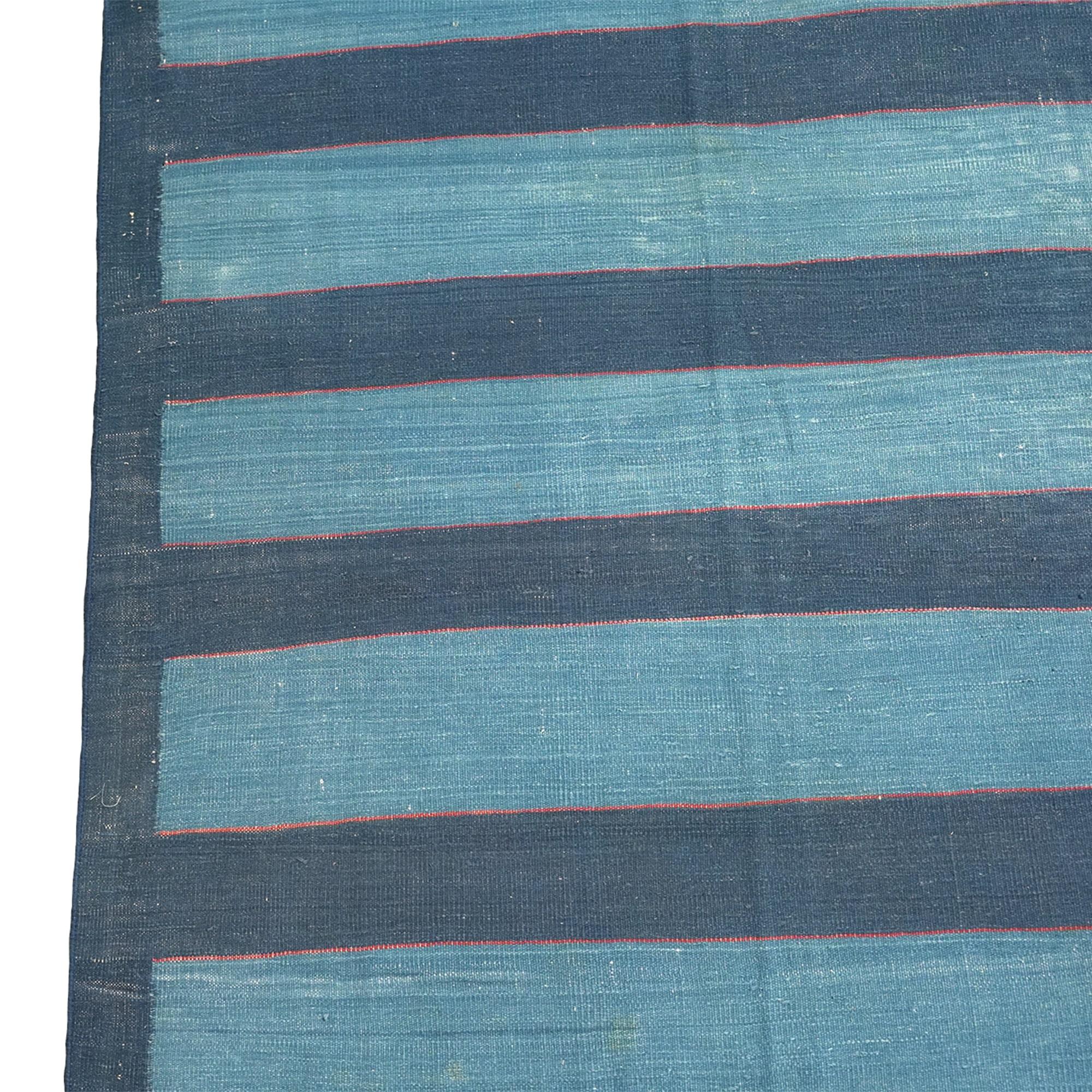 Hand-Woven Vintage Dhurrie Rug, with Blue Stripes, from Rug & Kilim For Sale