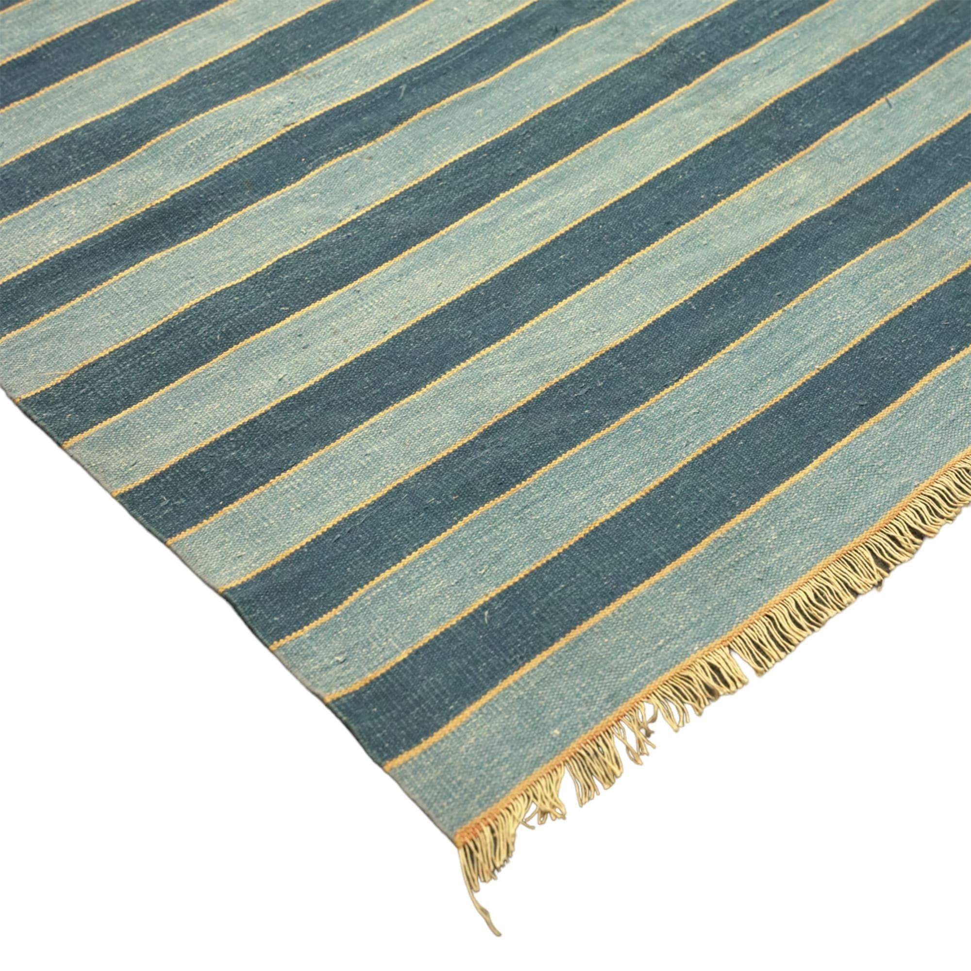 Hand-Woven Vintage Dhurrie Rug, with Blue Stripes, from Rug & Kilim For Sale