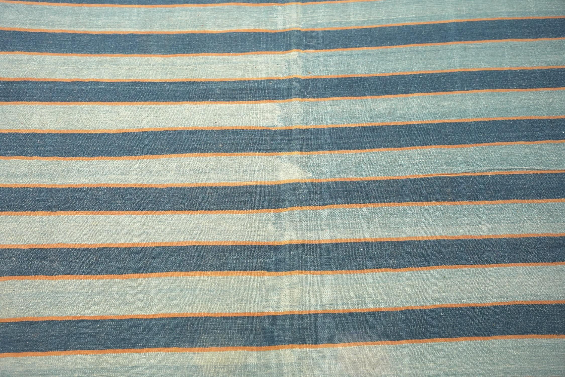 Vintage Dhurrie Rug, with Blue Stripes, from Rug & Kilim In Good Condition For Sale In Long Island City, NY