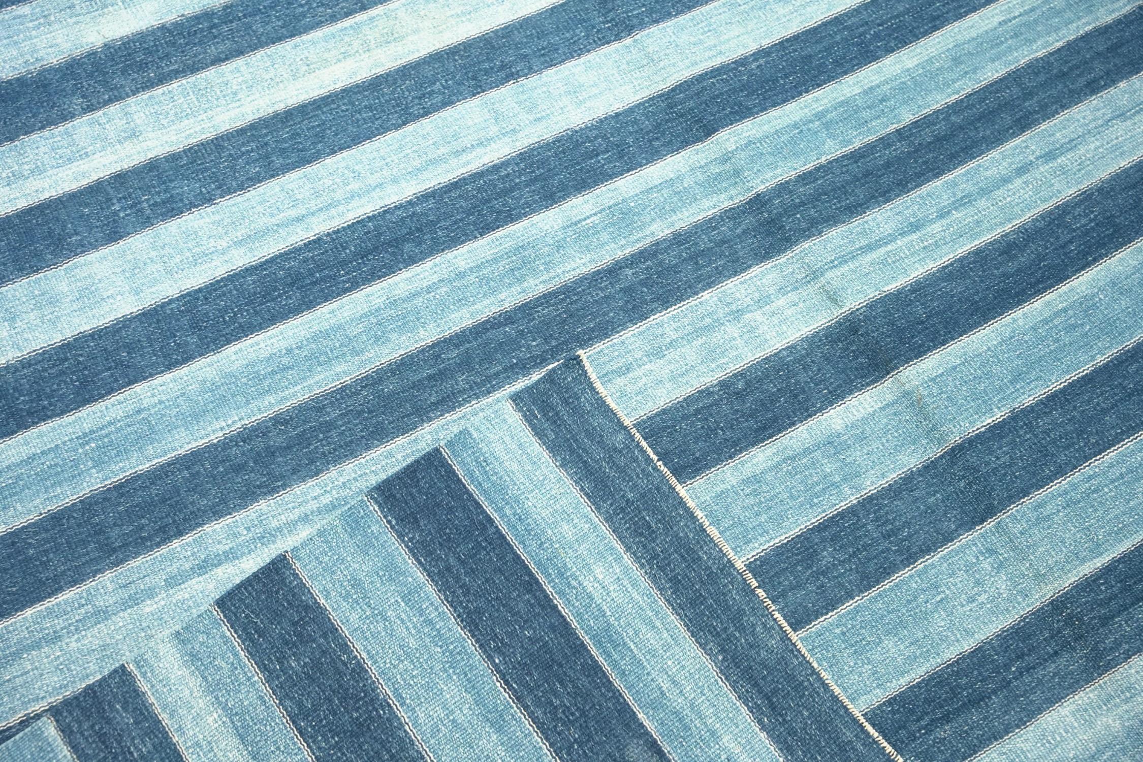 Mid-20th Century Vintage Dhurrie Rug, with Blue Stripes, from Rug & Kilim For Sale