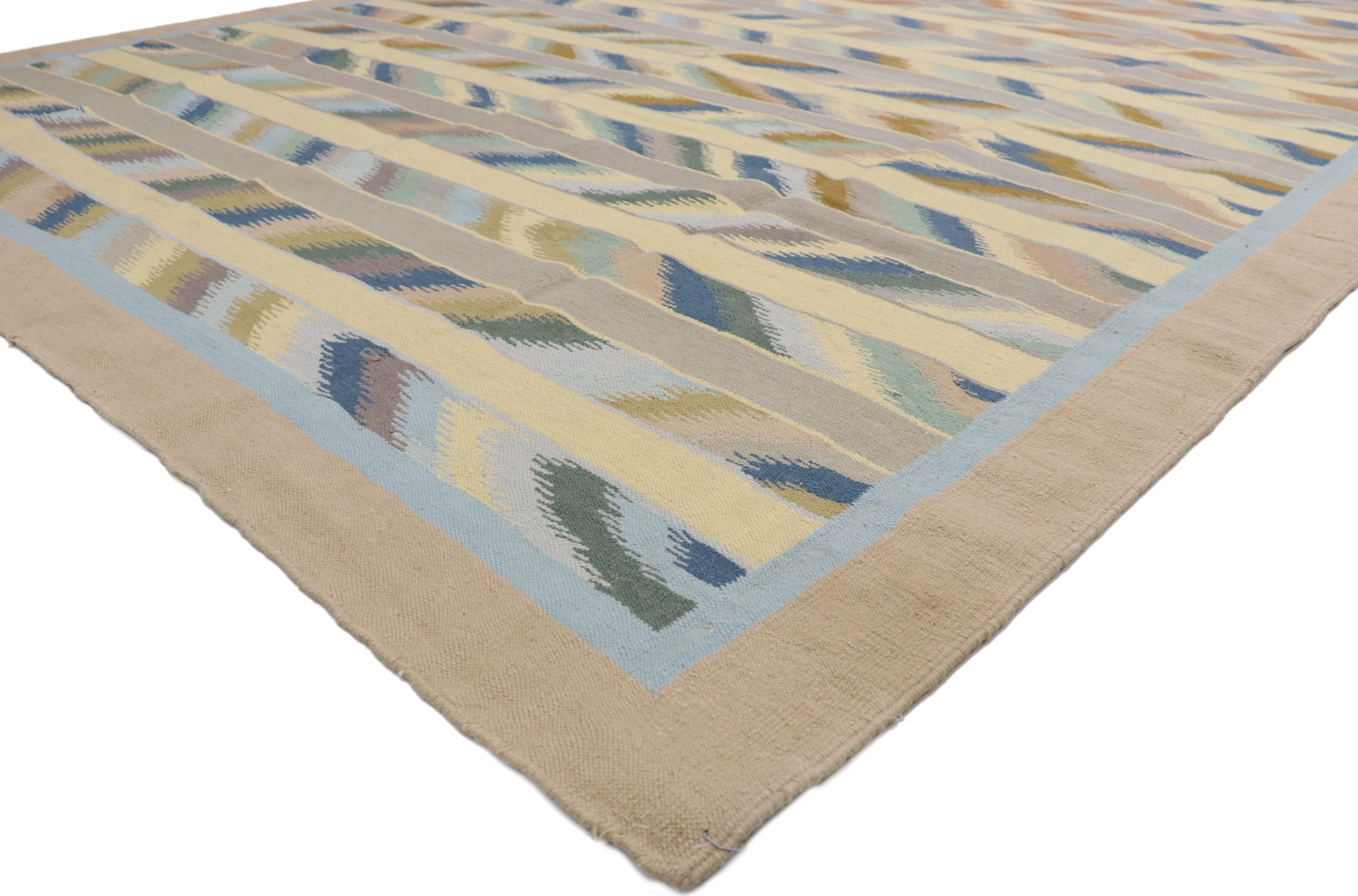 76596, vintage Dhurrie rug with Bohemian Southwestern Desert style. With its southwestern vibes and geometric design combined with pastel colors, this handwoven wool vintage Dhurrie rug embodies a Bohemian desert modern style. The flat-weave Kilim