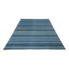 Vintage Dhurrie Rug with Navy Blue Stripes  Rug & Kilim