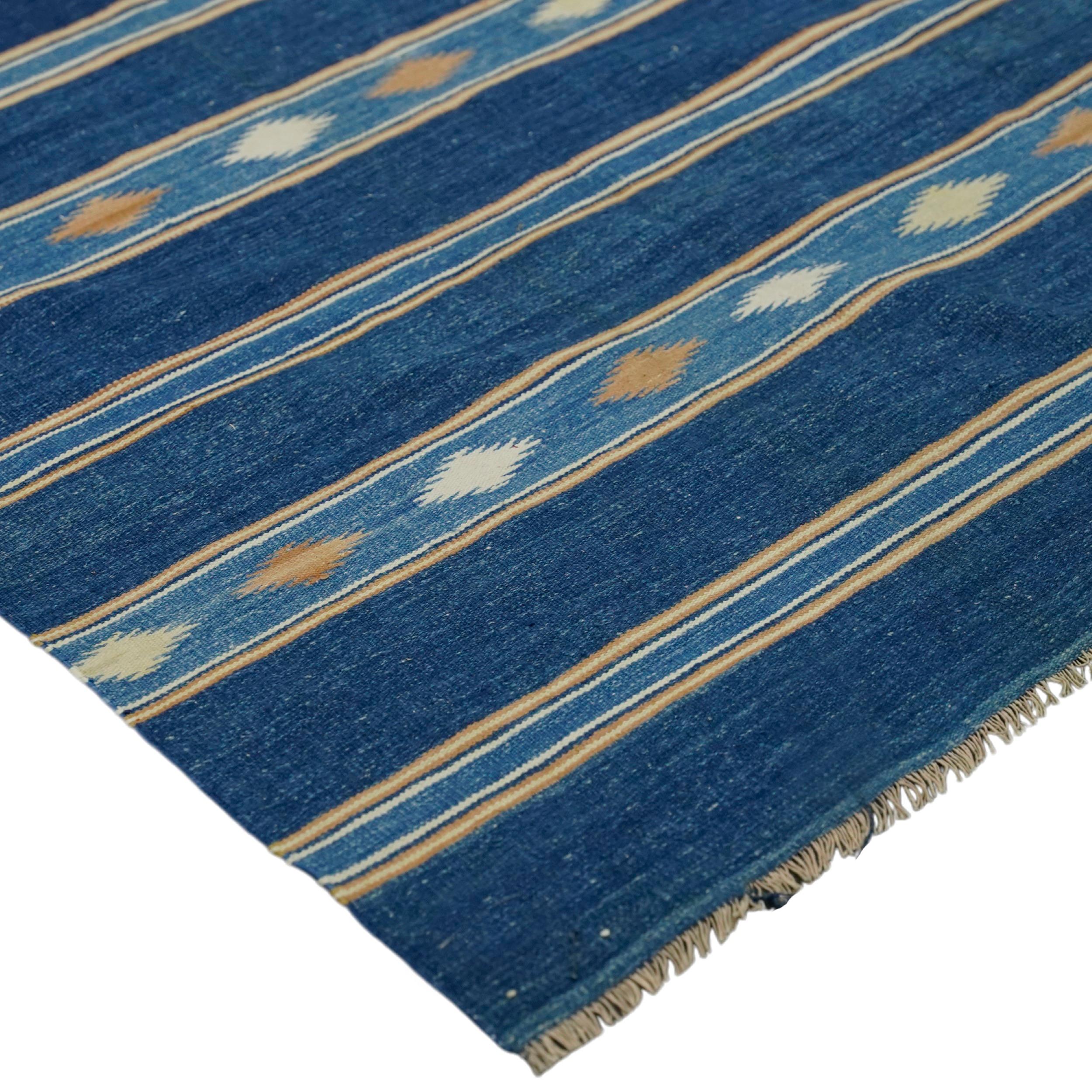 Indian Vintage Dhurrie Rug with Navy Blue Stripes  Rug & Kilim For Sale