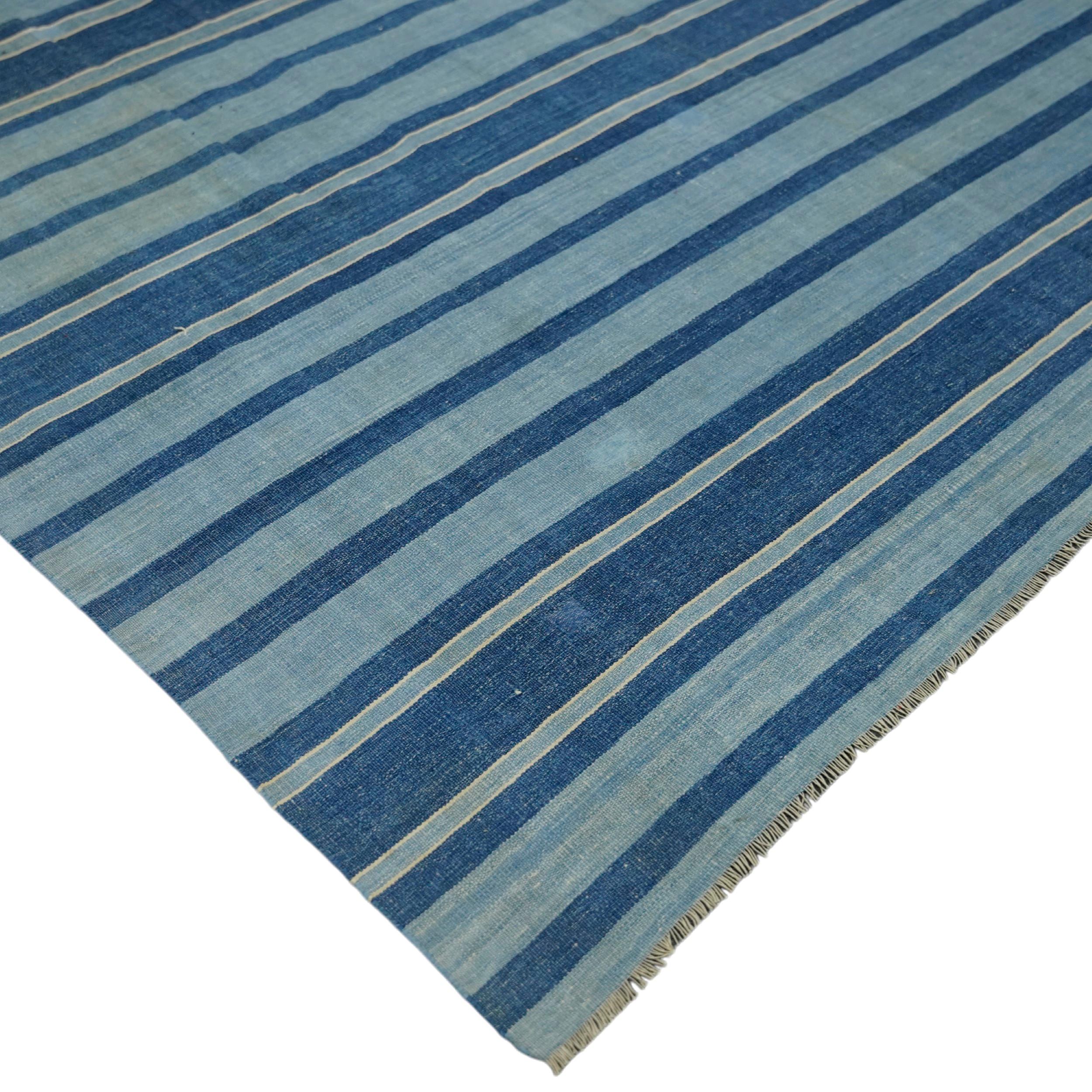 Indian Vintage Dhurrie Rug with Navy Blue Stripes  Rug & Kilim For Sale