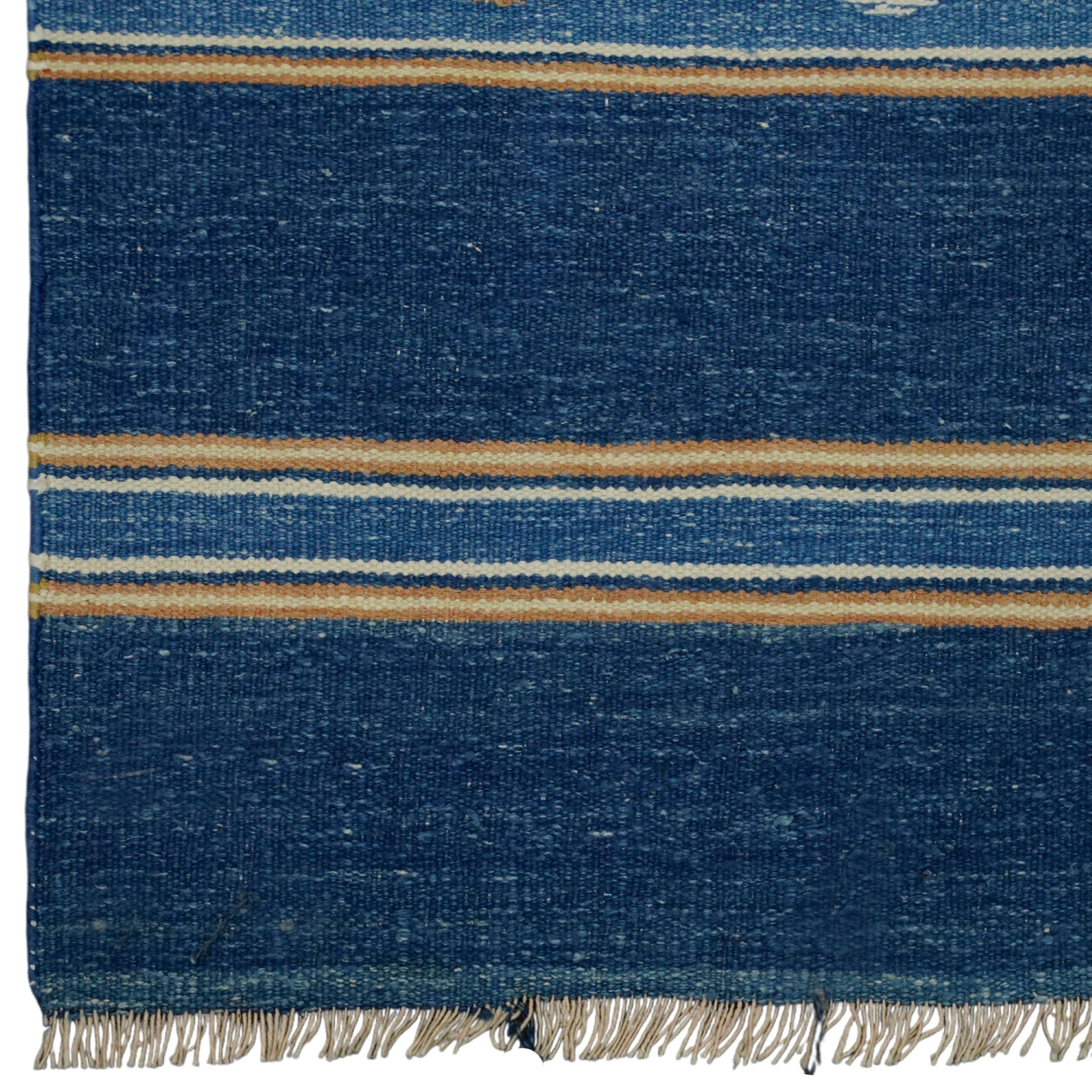 Hand-Knotted Vintage Dhurrie Rug with Navy Blue Stripes  Rug & Kilim For Sale
