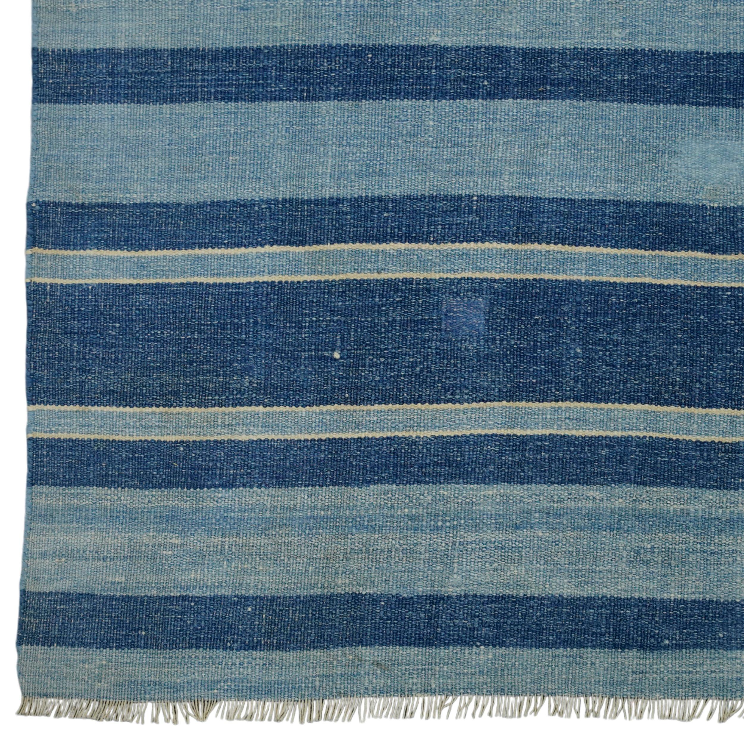 Hand-Woven Vintage Dhurrie Rug with Navy Blue Stripes  Rug & Kilim For Sale