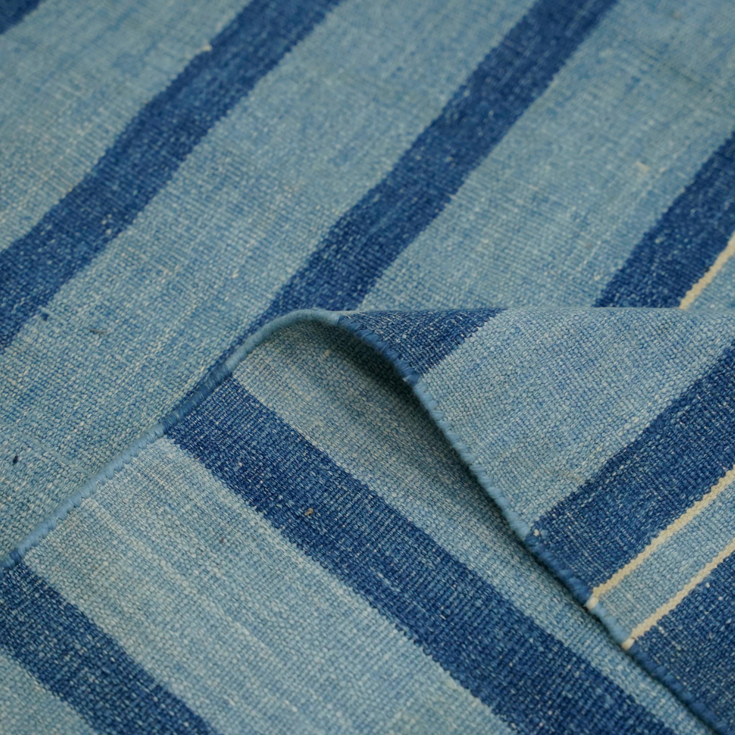 Vintage Dhurrie Rug with Navy Blue Stripes  Rug & Kilim In Good Condition For Sale In Long Island City, NY