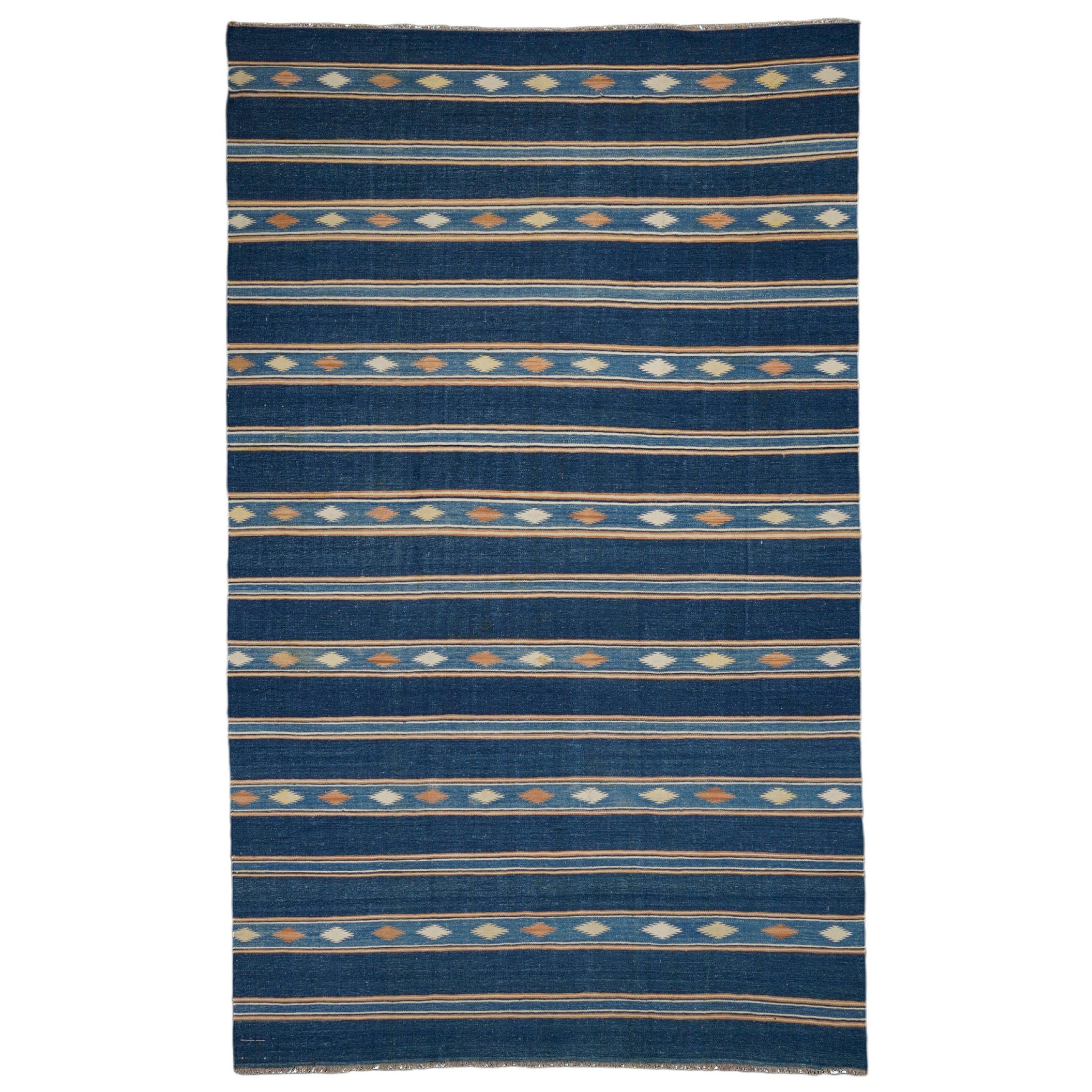 Tappeto vintage Dhurrie con strisce blu navy  Rug & Kilim