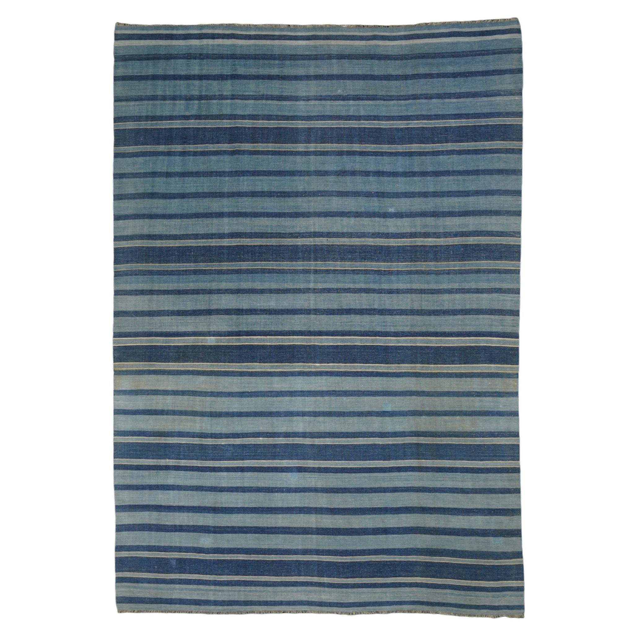 Tappeto vintage Dhurrie con strisce blu navy  Rug & Kilim in vendita