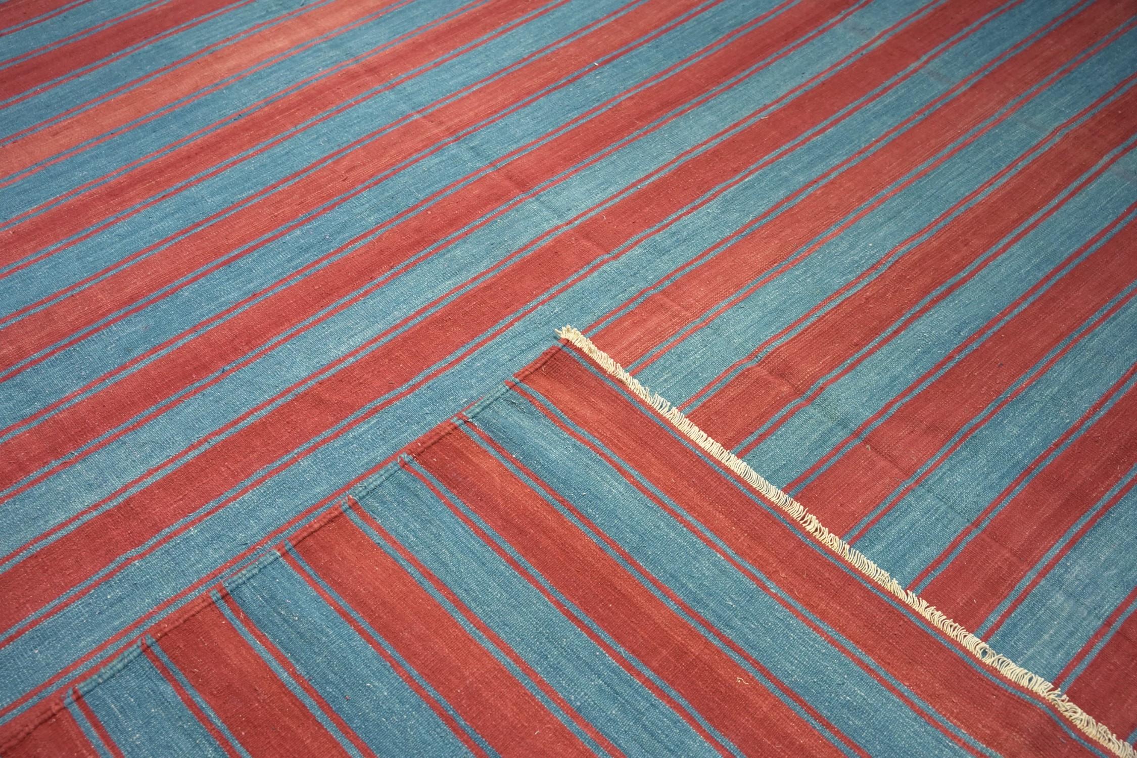 Mid-20th Century Vintage Dhurrie Rug, with Red and Blue Stripes, from Rug & Kilim For Sale