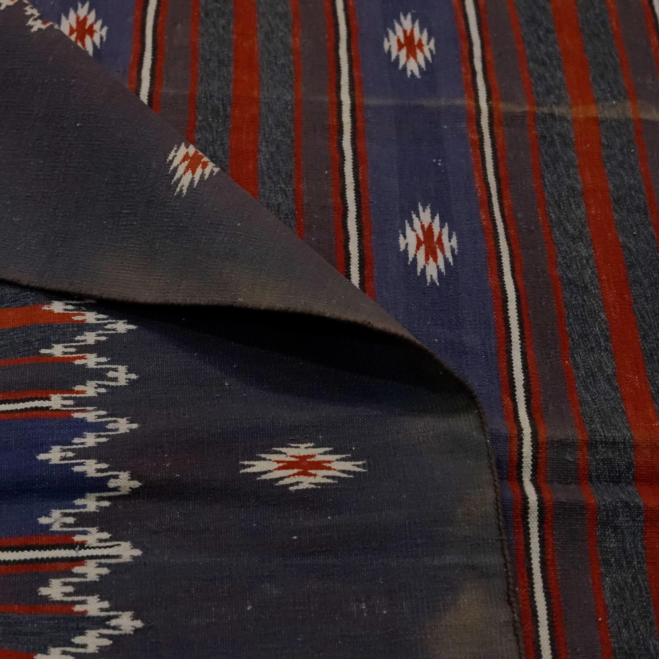 Hand-Woven Vintage Dhurrie Rug with Red and Blue Stripes  Rug & Kilim For Sale