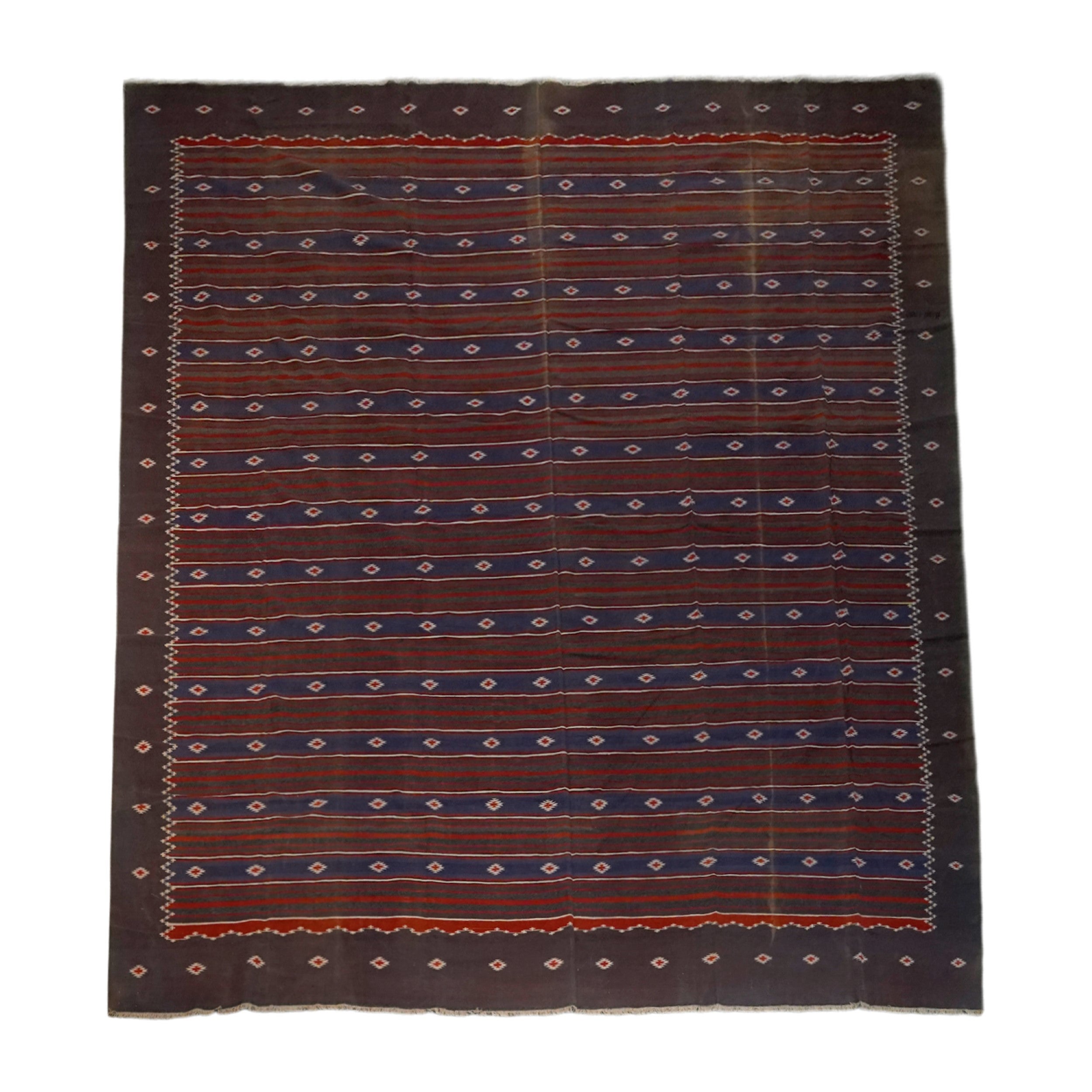 Vintage Dhurrie Rug with Red and Blue Stripes  Rug & Kilim
