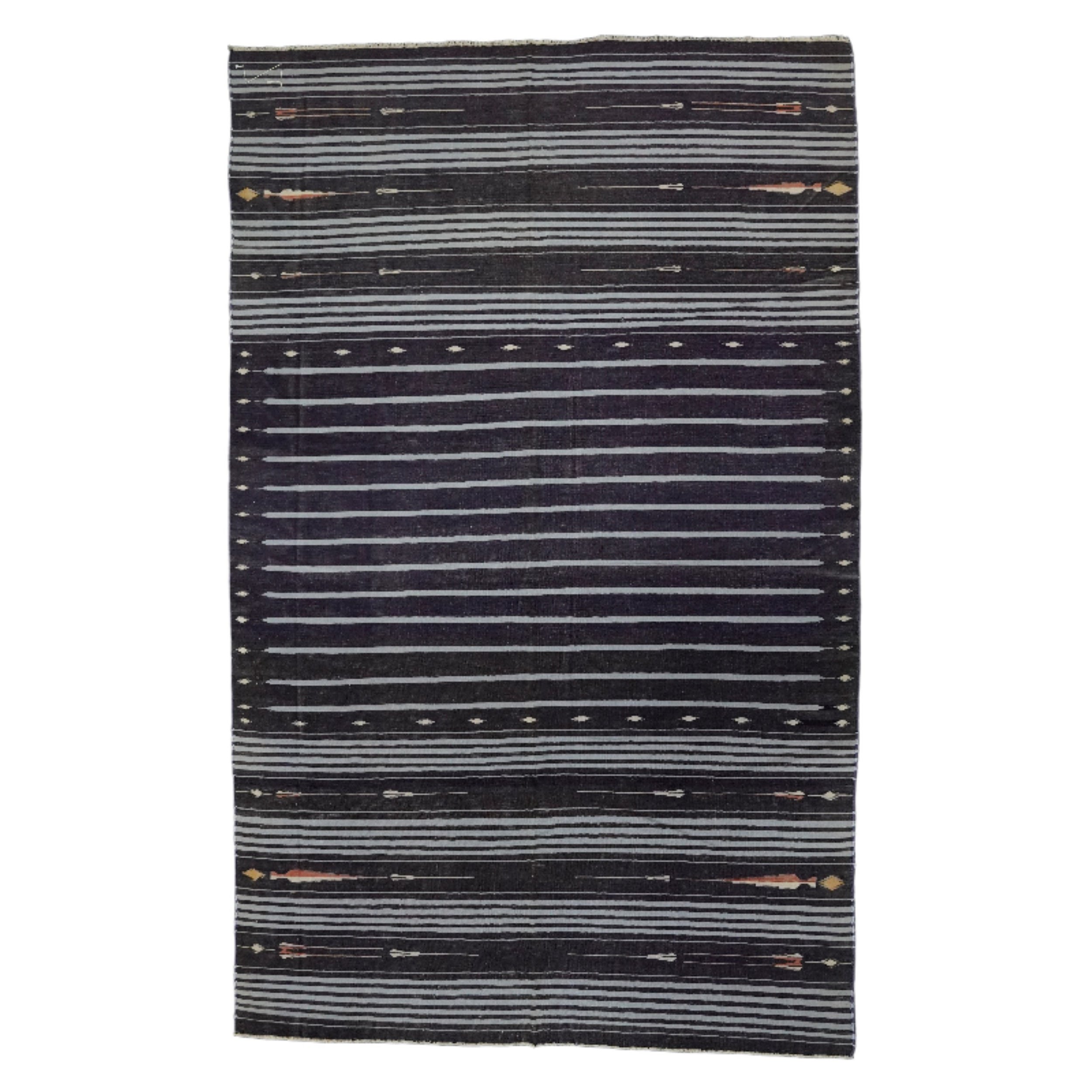 Vintage Dhurrie Runner Rug in Black with White Stripes  Rug & Kilim