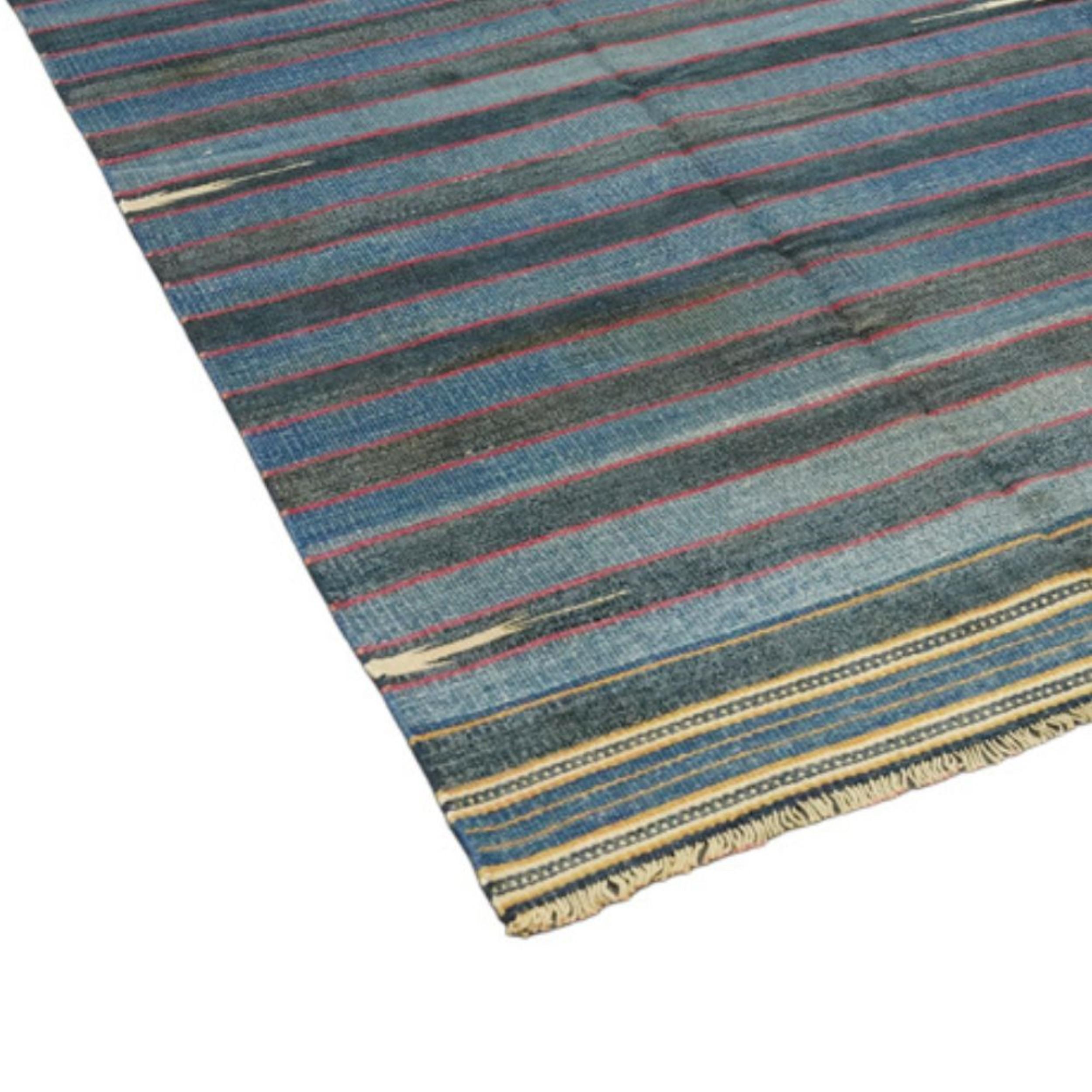 Hand-Woven Vintage Dhurrie Runner Rug in Blue Stripes with Red Accents  Rug & Kilim For Sale