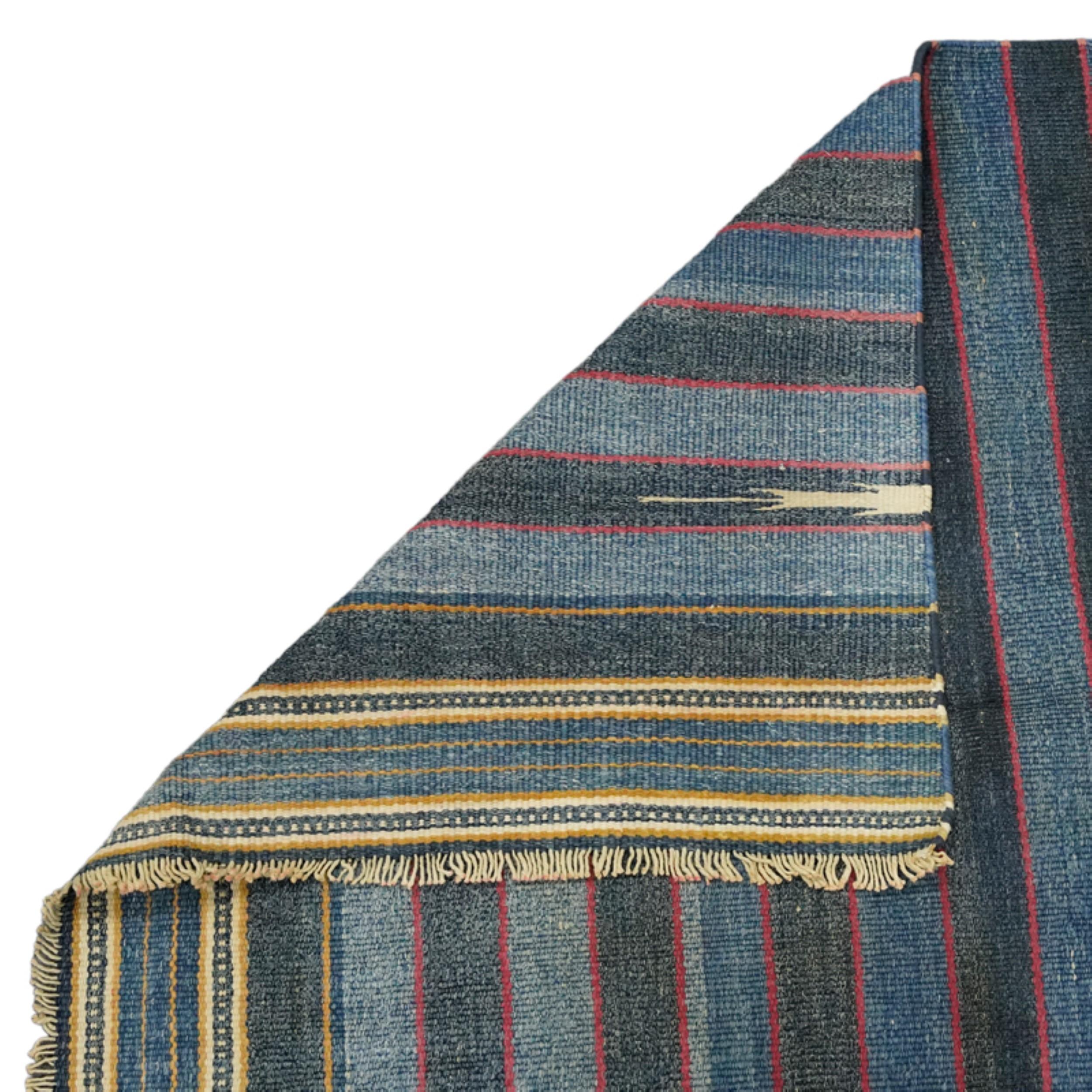 Vintage Dhurrie Runner Rug in Blue Stripes with Red Accents  Rug & Kilim In Good Condition For Sale In Long Island City, NY
