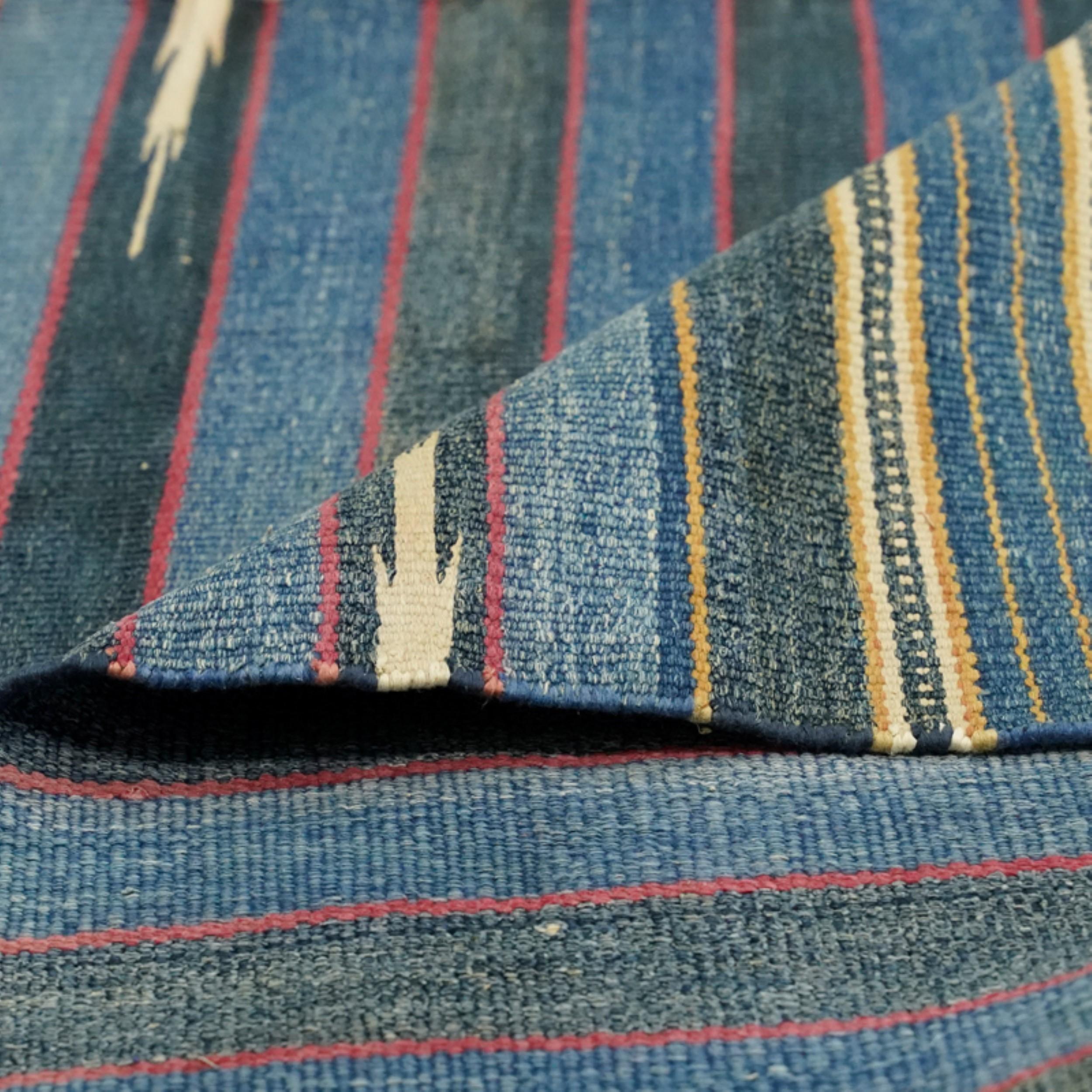 Mid-20th Century Vintage Dhurrie Runner Rug in Blue Stripes with Red Accents  Rug & Kilim For Sale