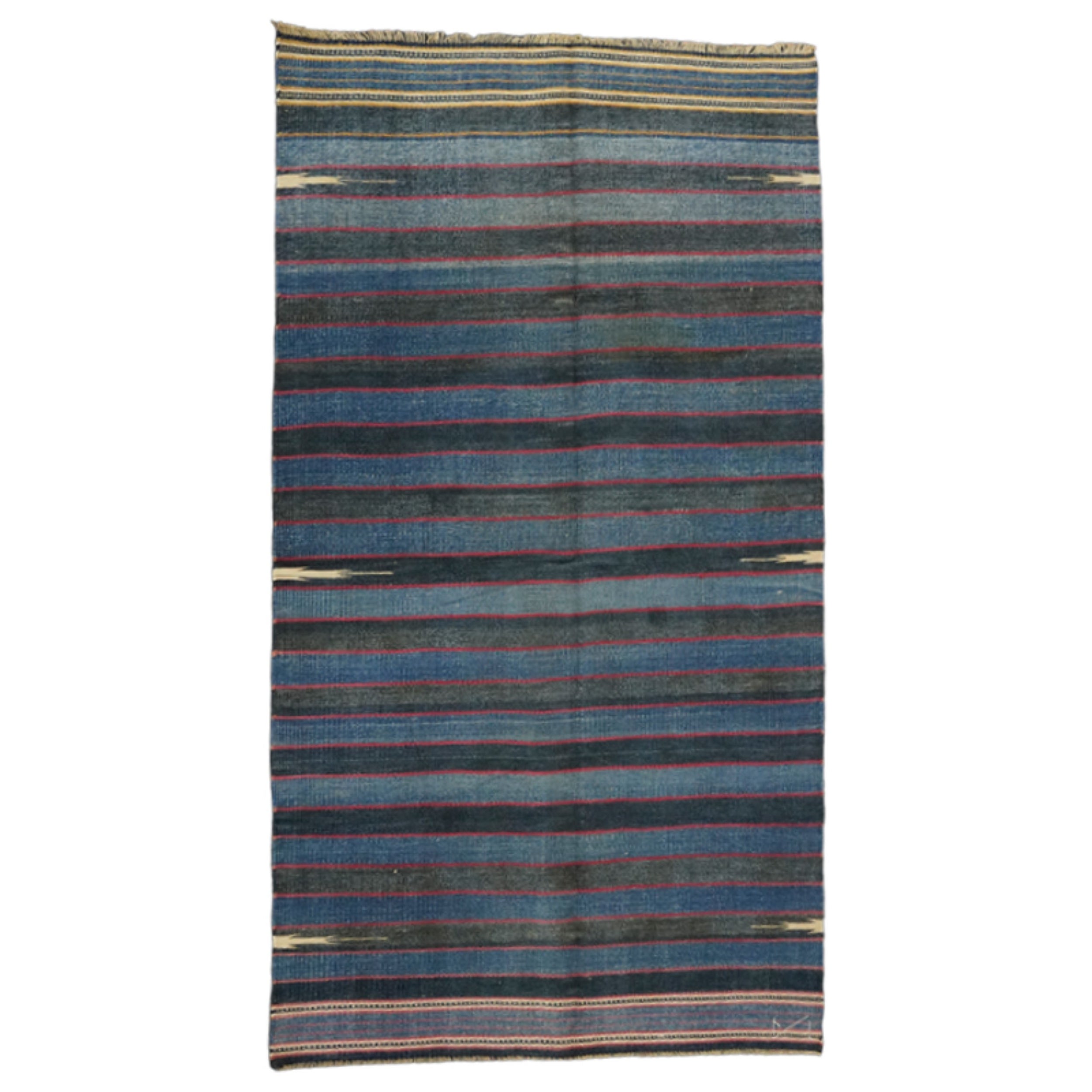 Vintage Dhurrie Runner Rug in Blue Stripes with Red Accents  Rug & Kilim