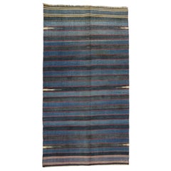 Alfombra Corredera Vintage Dhurrie de Rayas Azules con Detalles Rojos  Rug & Kilim