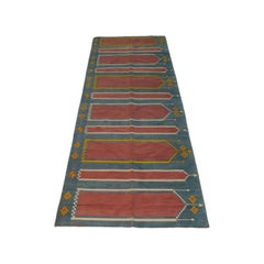 Vintage Dhurrie Runner Rug in Blue with Brown Geometric Patterns  Rug & Kilim