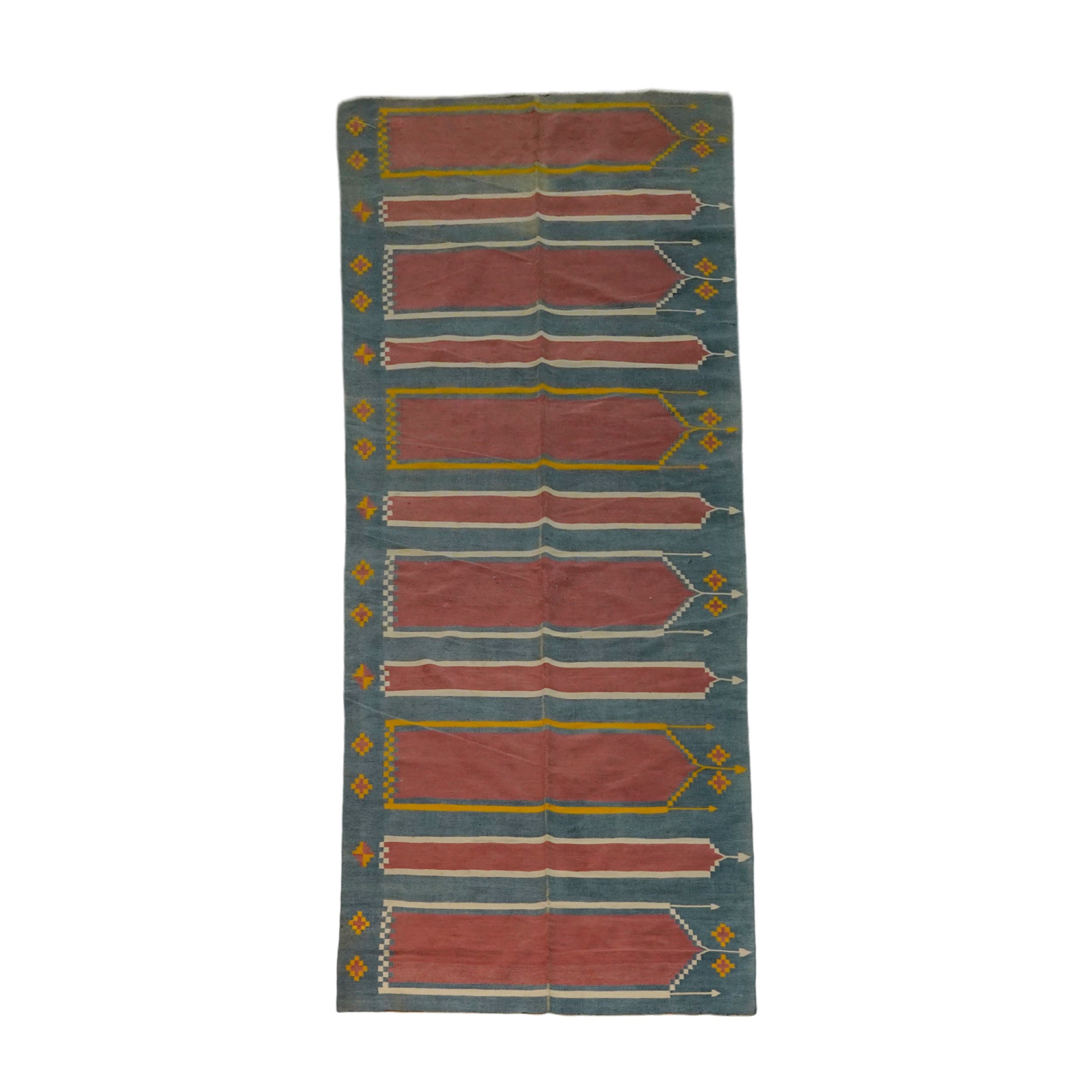 Vintage Dhurrie Runner Rug in Blue with Brown Geometric Patterns  Rug & Kilim