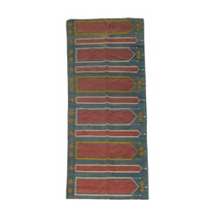 Vintage Dhurrie Runner Rug in Blue with Brown Geometric Patterns  Rug & Kilim