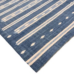 Vintage Dhurrie Runner Rug in Blue with Cream White Stripes  Rug & Kilim