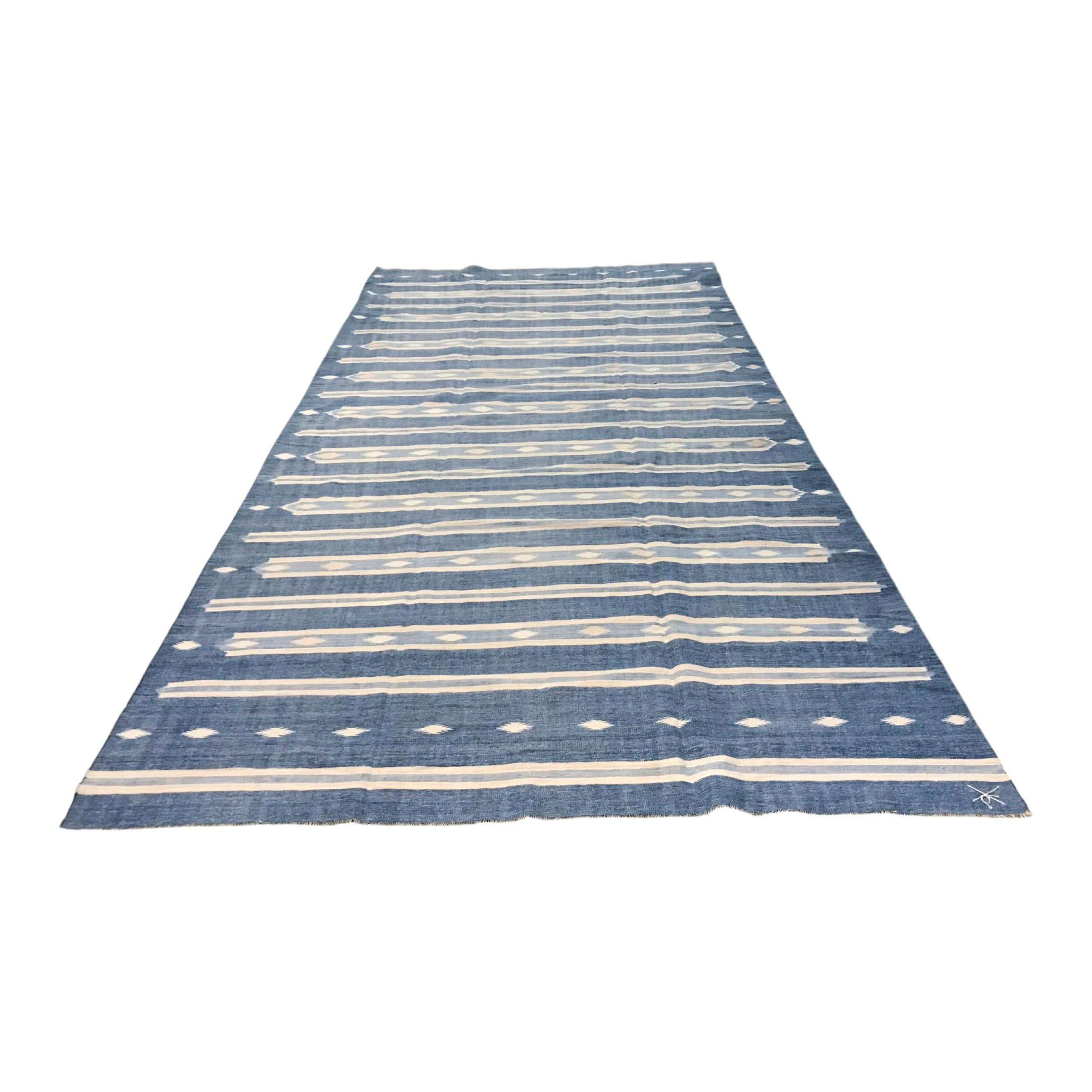 Indian Vintage Dhurrie Runner Rug in Blue with Cream White Stripes  Rug & Kilim For Sale