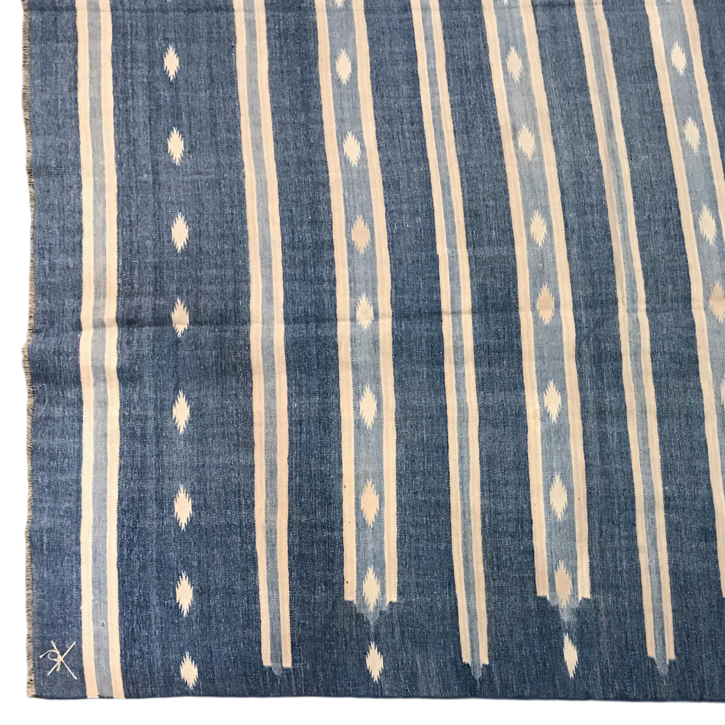 Hand-Woven Vintage Dhurrie Runner Rug in Blue with Cream White Stripes  Rug & Kilim For Sale