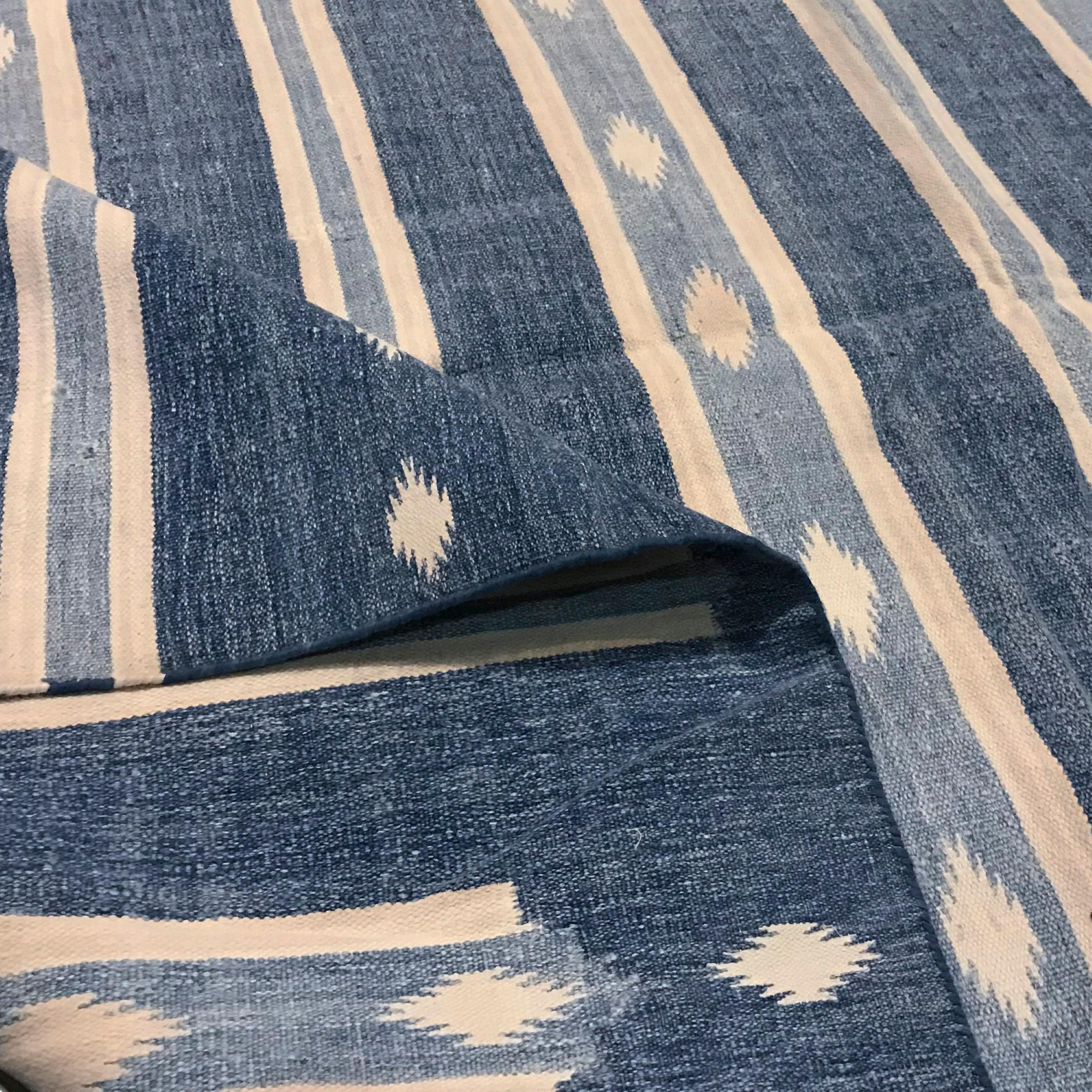 Vintage Dhurrie Runner Rug in Blue with Cream White Stripes  Rug & Kilim In Good Condition For Sale In Long Island City, NY