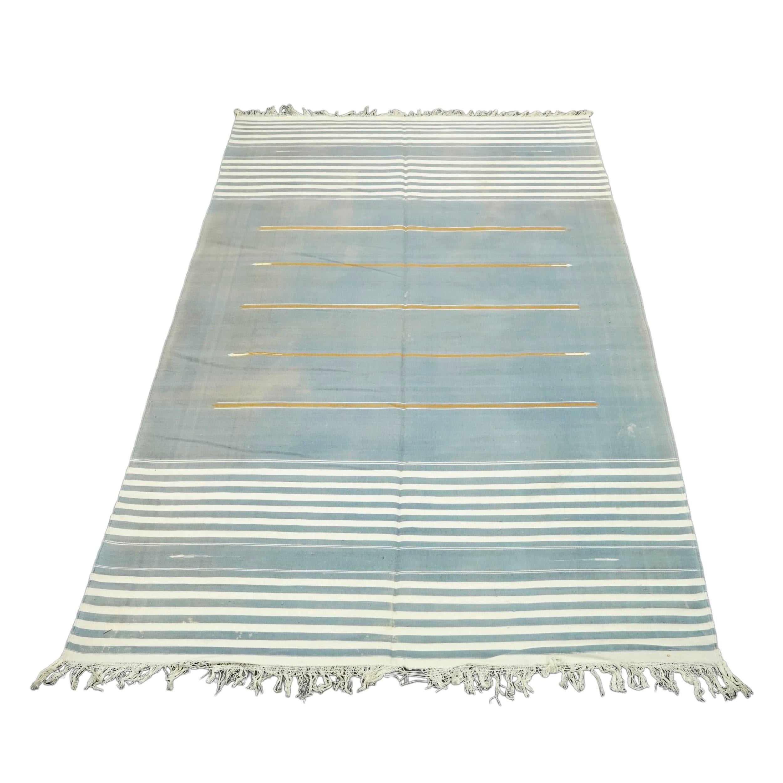 Indian Vintage Dhurrie Runner Rug in Blue with White and Gold Stripes  Rug & Kilim For Sale