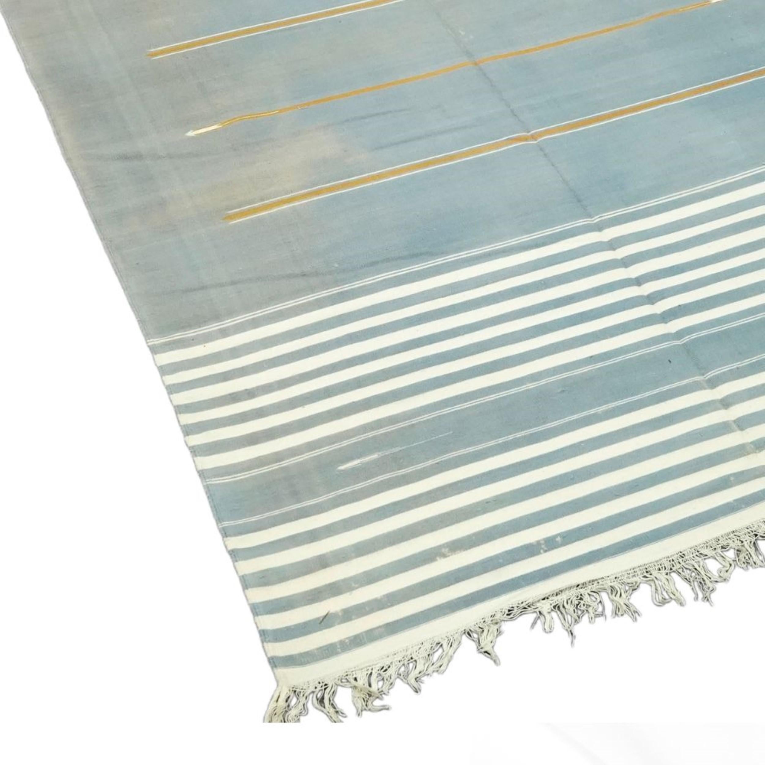 Hand-Woven Vintage Dhurrie Runner Rug in Blue with White and Gold Stripes  Rug & Kilim For Sale