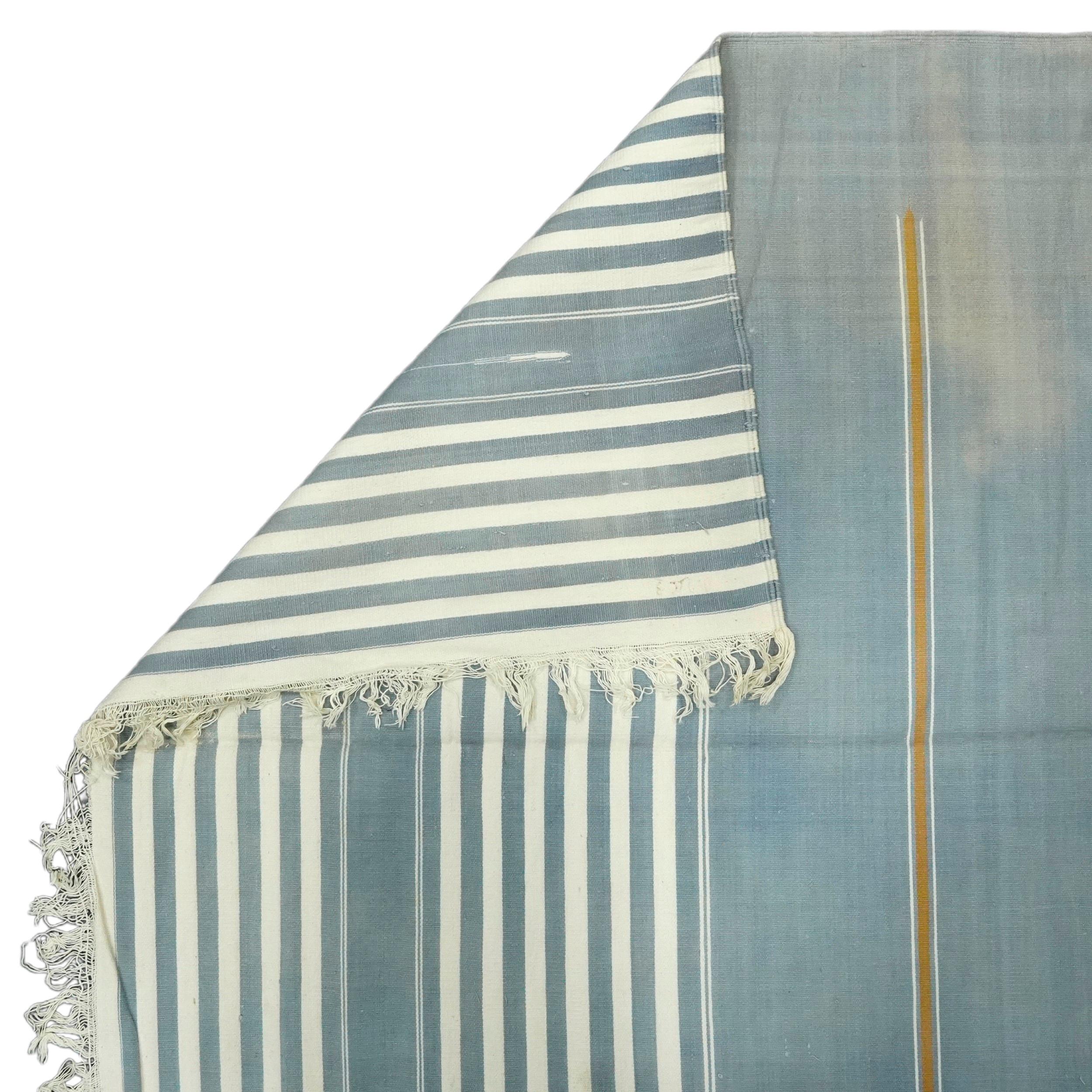 Vintage Dhurrie Runner Rug in Blue with White and Gold Stripes  Rug & Kilim In Good Condition For Sale In Long Island City, NY