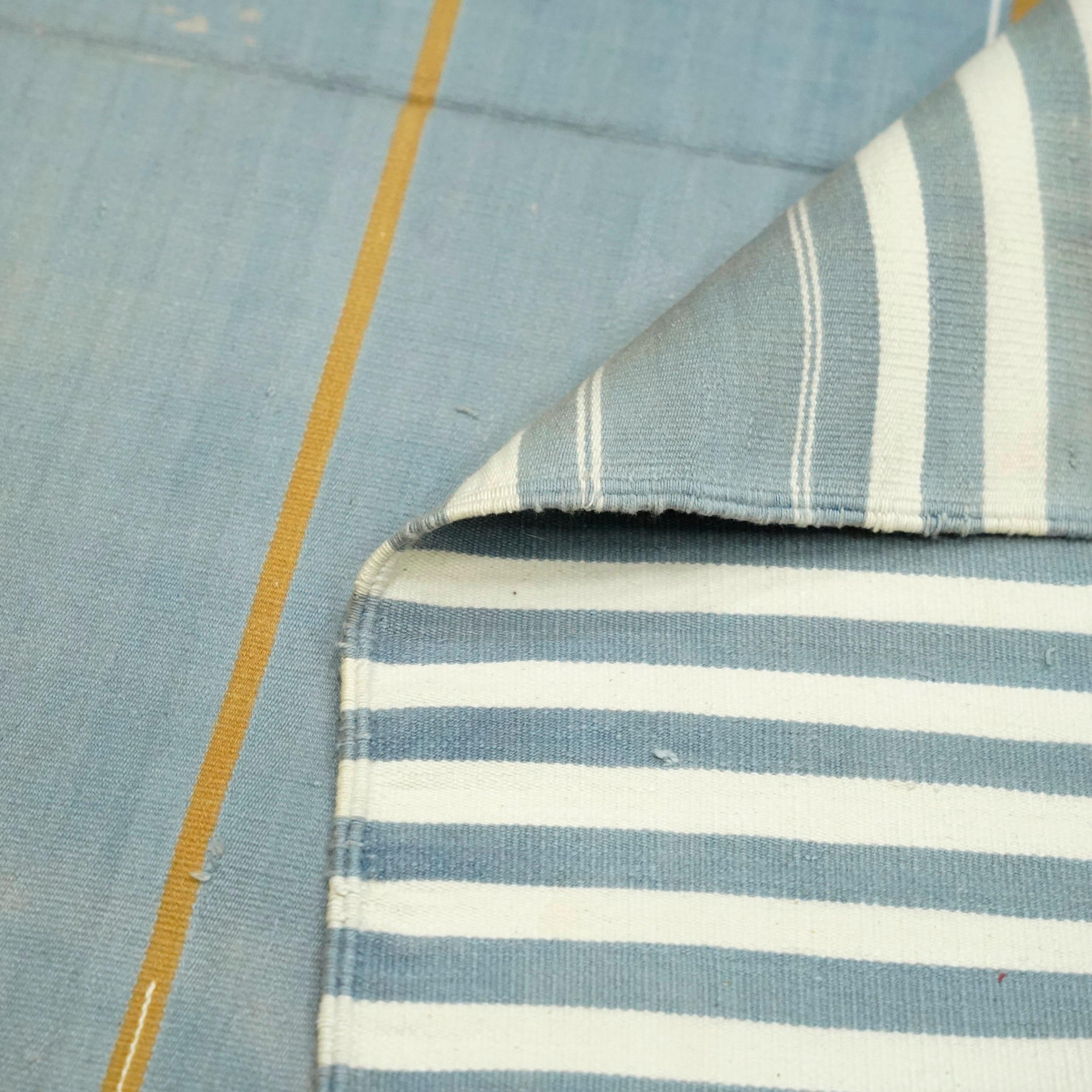 Mid-20th Century Vintage Dhurrie Runner Rug in Blue with White and Gold Stripes  Rug & Kilim For Sale