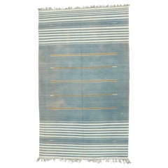 Vintage Dhurrie Runner Rug in Blue with White and Gold Stripes  Rug & Kilim